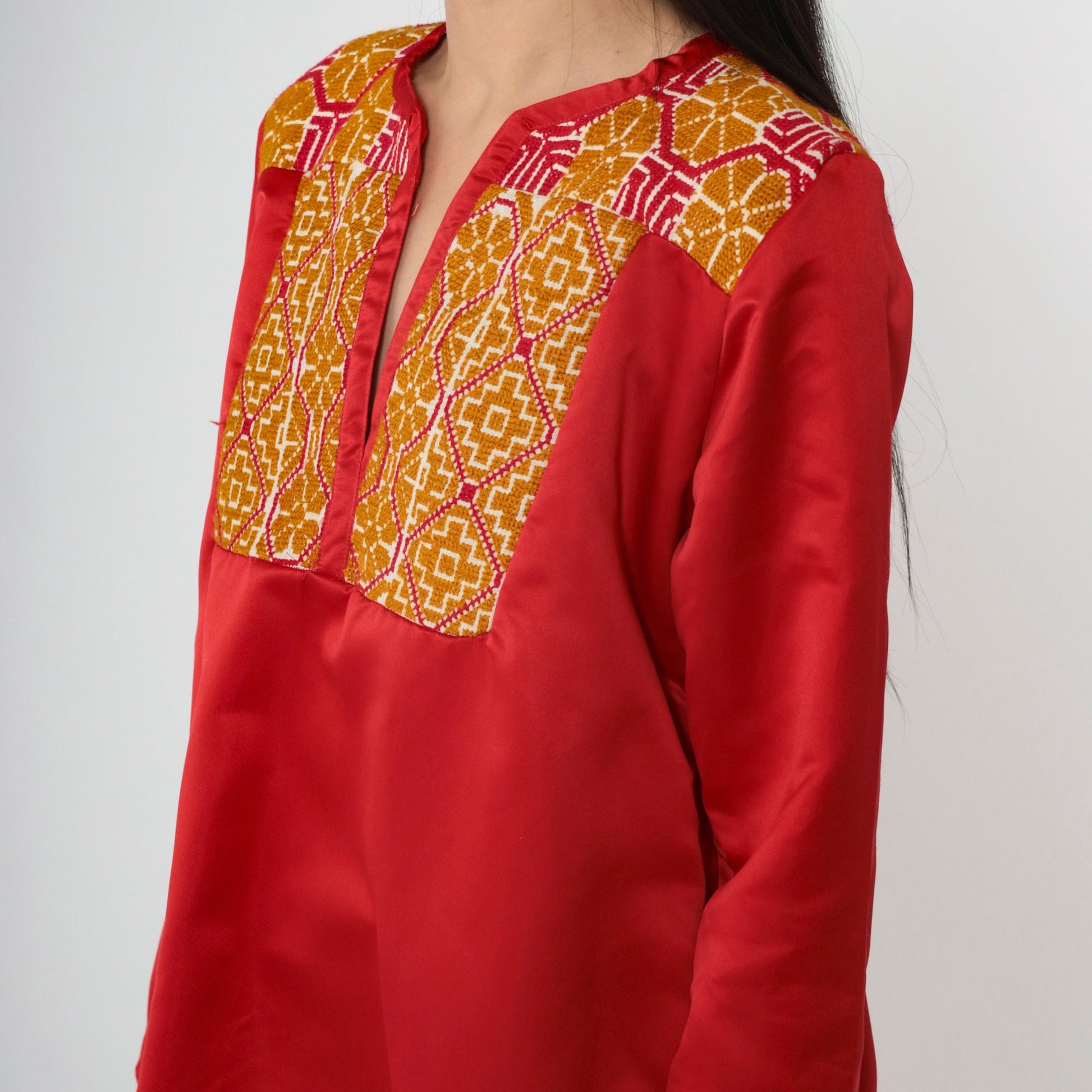 70s Red Satin Tunic Top Floral Embroidered Yoke Long Sleeve Small