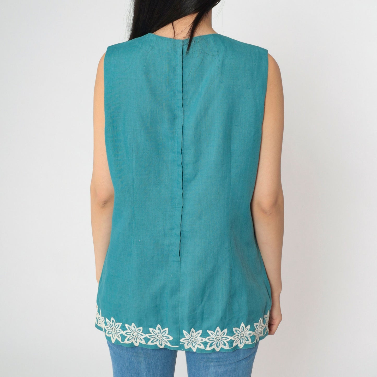 60s Teal Sleeveless Top White Floral Embroidery Round Neck Small S