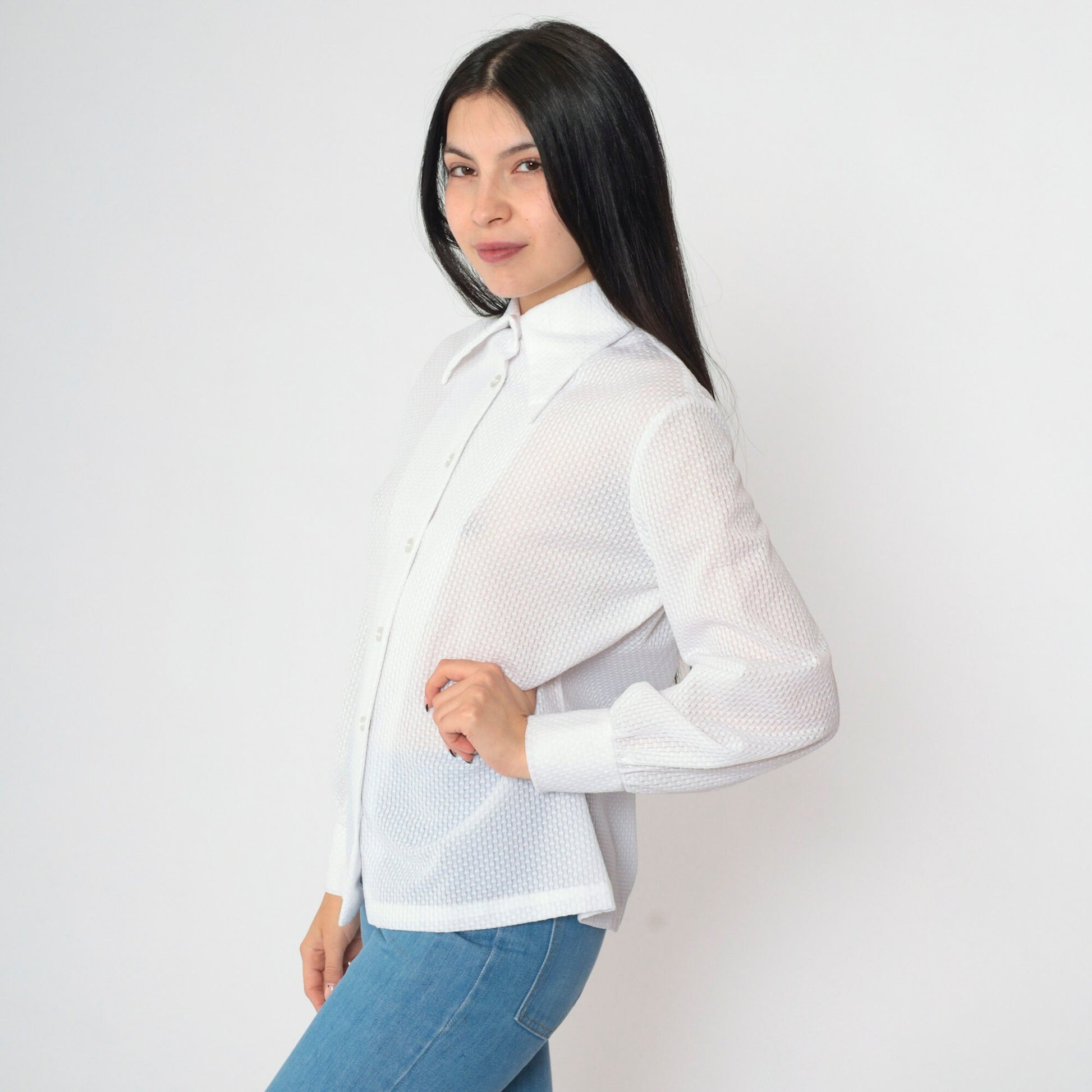 70s White Textured Disco Collar Button-Down Blouse Long Sleeve Medium Large