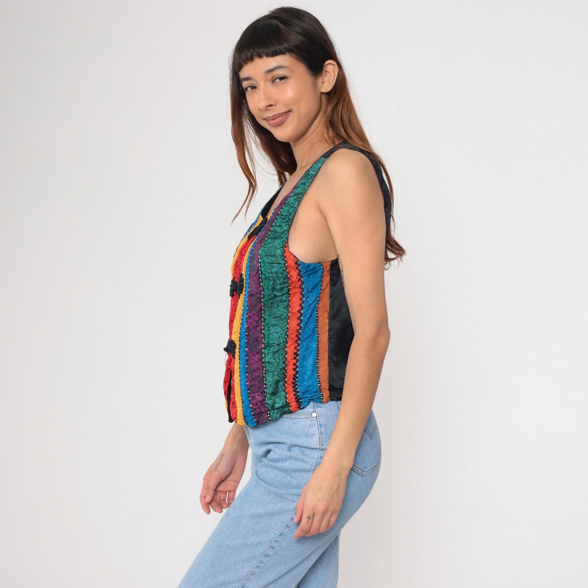 90s Brocade Striped Vest Frog Closure Sleeveless Scoop Neck Medium