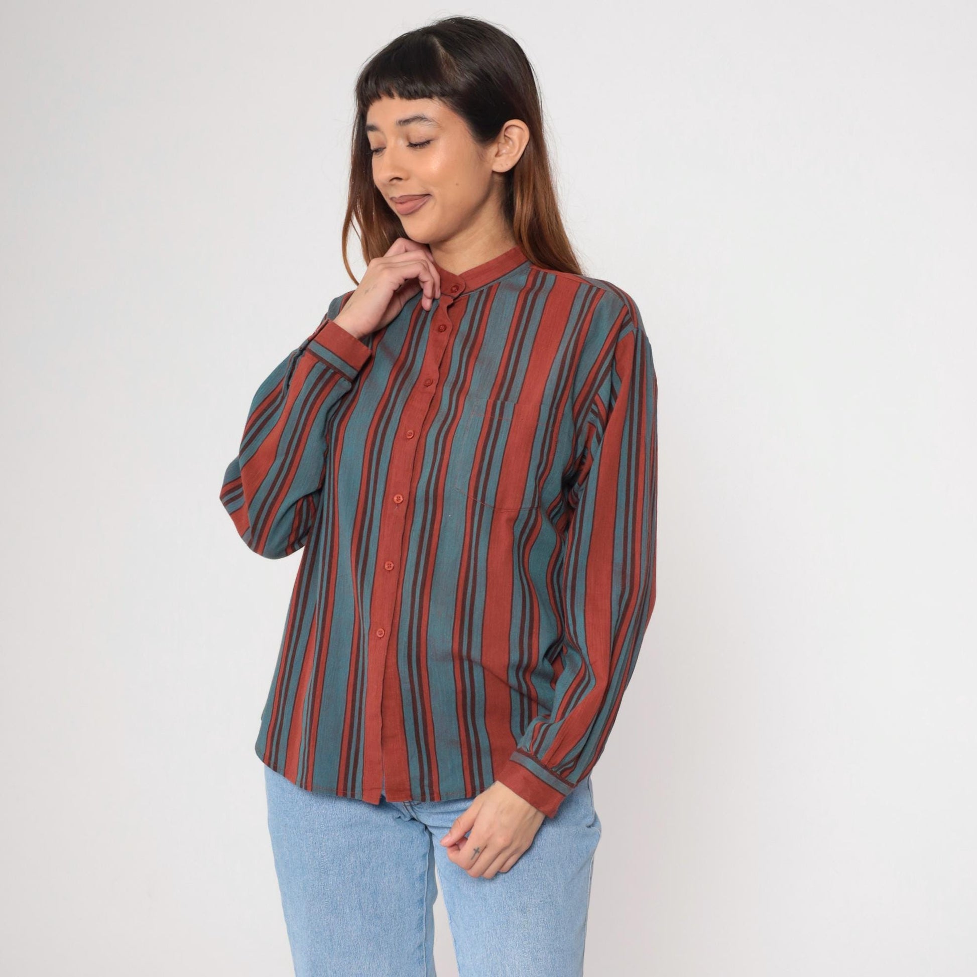 80s Lady Manhattan Striped Button-Up Blouse Rust Red Turquoise Mandarin Collar Large