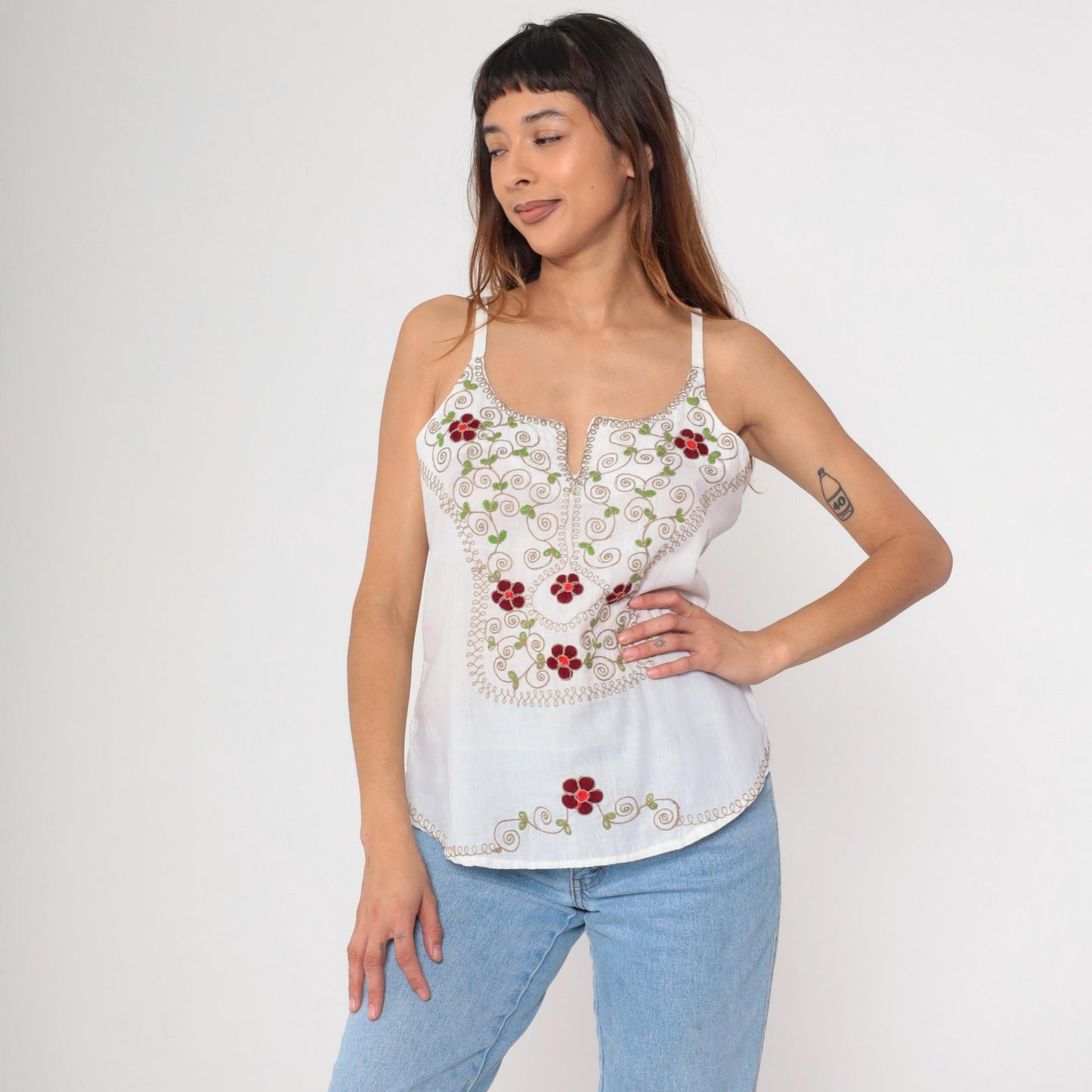 90s White Floral Embroidered Tank Top Spaghetti Strap Split Neck Small Medium