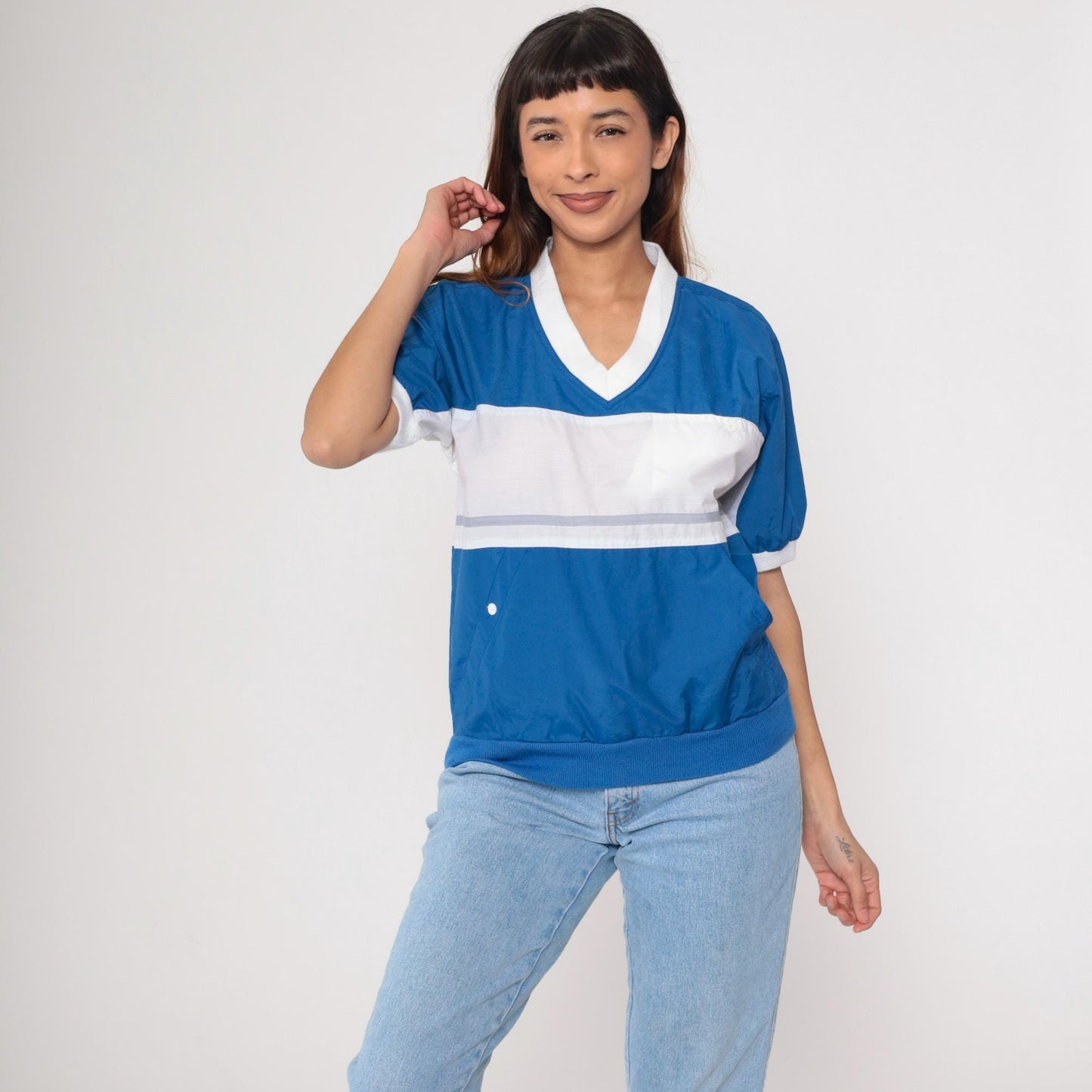 80s Pierre Cardin Ringer Tee White Blue Colour Block V-Neck Small S