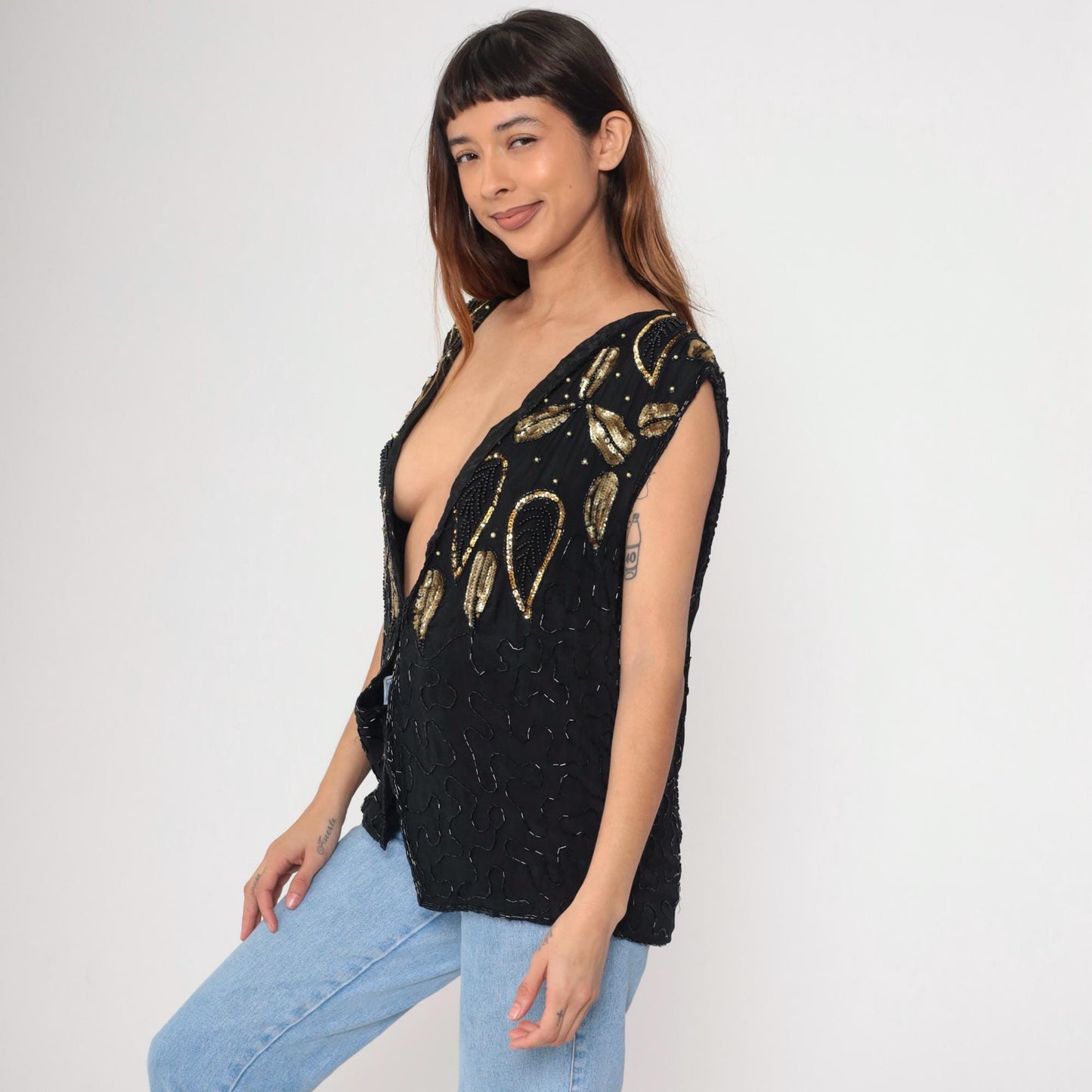 90s Midnight Run Black Silk Beaded Vest Gold Leaf Sequin Deep V Medium