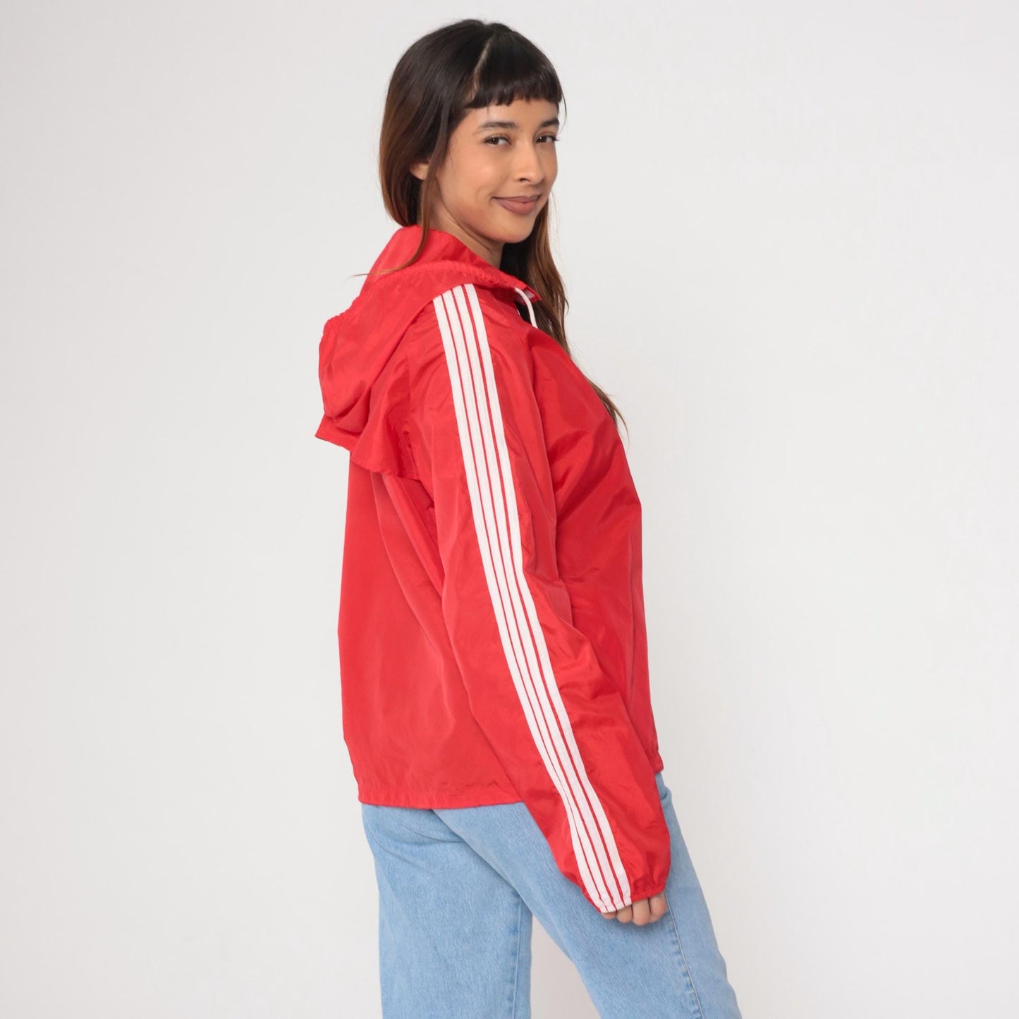 90s SUB4 Red Nylon Windbreaker Hooded Jacket Striped Sleeves Medium