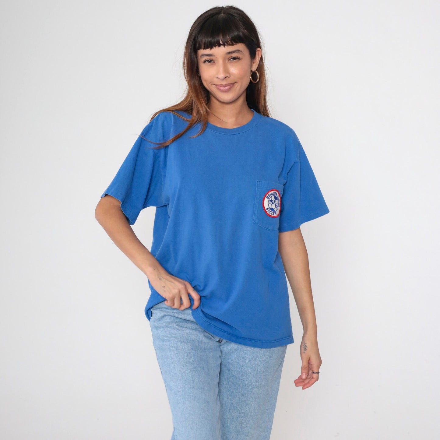 90s Boulder Junior Soccer Patch T-Shirt Blue Cotton Graphic Tee Large L