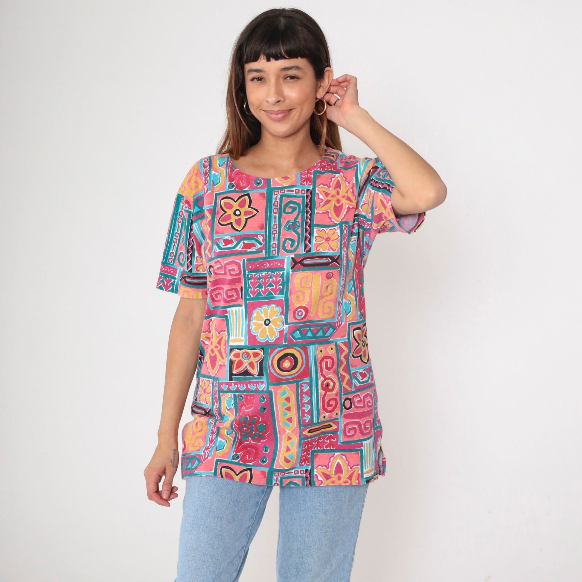 90s Geometric Floral T-Shirt Pink Teal Cotton Blend Medium