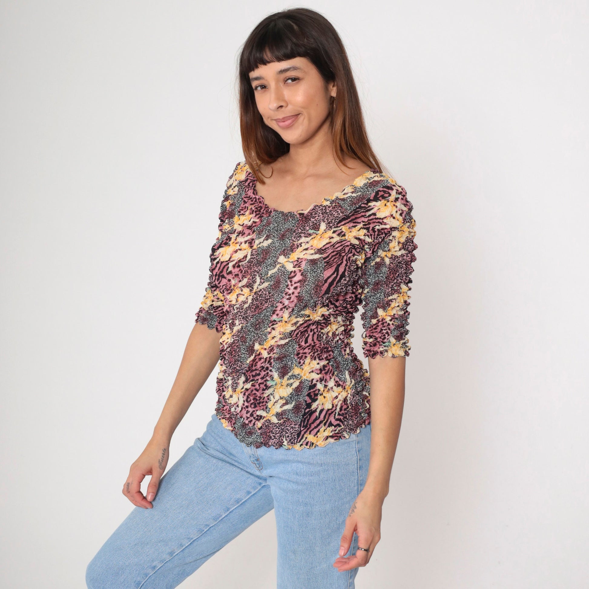 Y2K Popcorn Shirt Floral Animal Print Gold Metallic Textured Blouse Pink Black XS-M