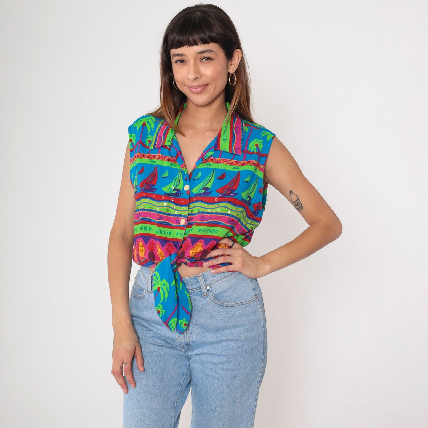 90s Tropical Sequin Tie-Front Blouse Sailboat Beaded Sleeveless Small