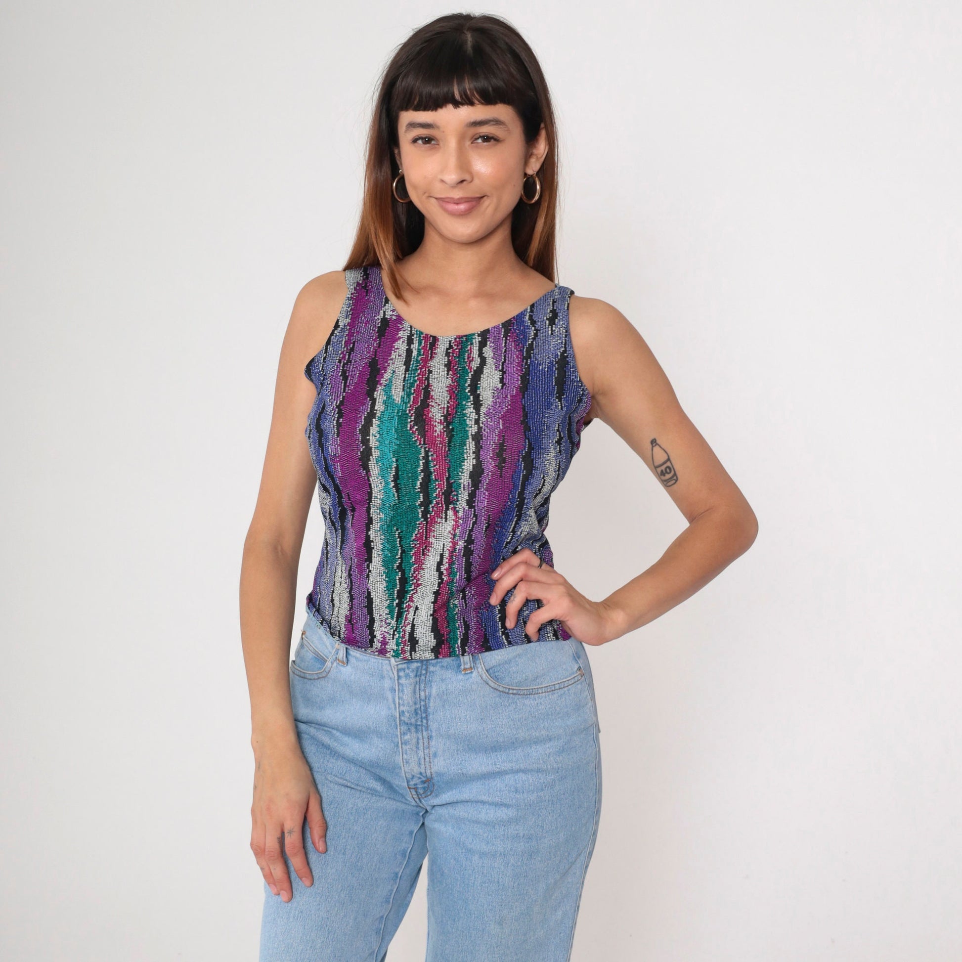 90s Abstract Print Tank Top Purple Turquoise Green Scoop Neck Small