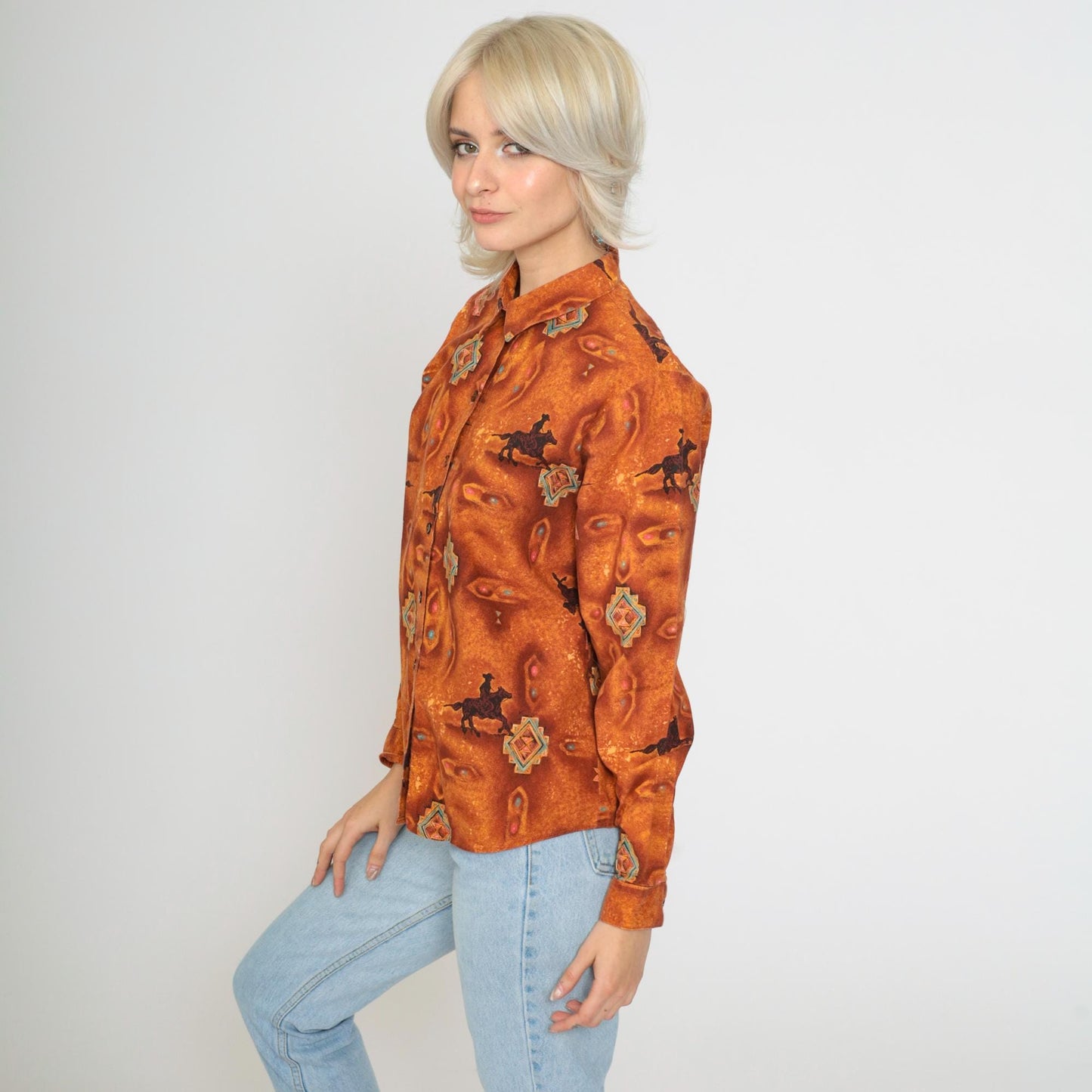 90s Panhandle Slim Western Cowboy Shirt Burnt Orange Horse Print Small