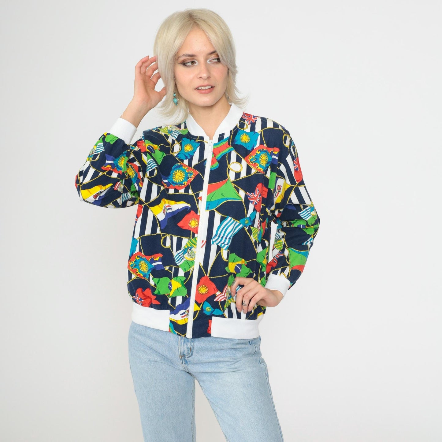90s Nautical Windbreaker Jacket World Flags Print Navy Blue Medium