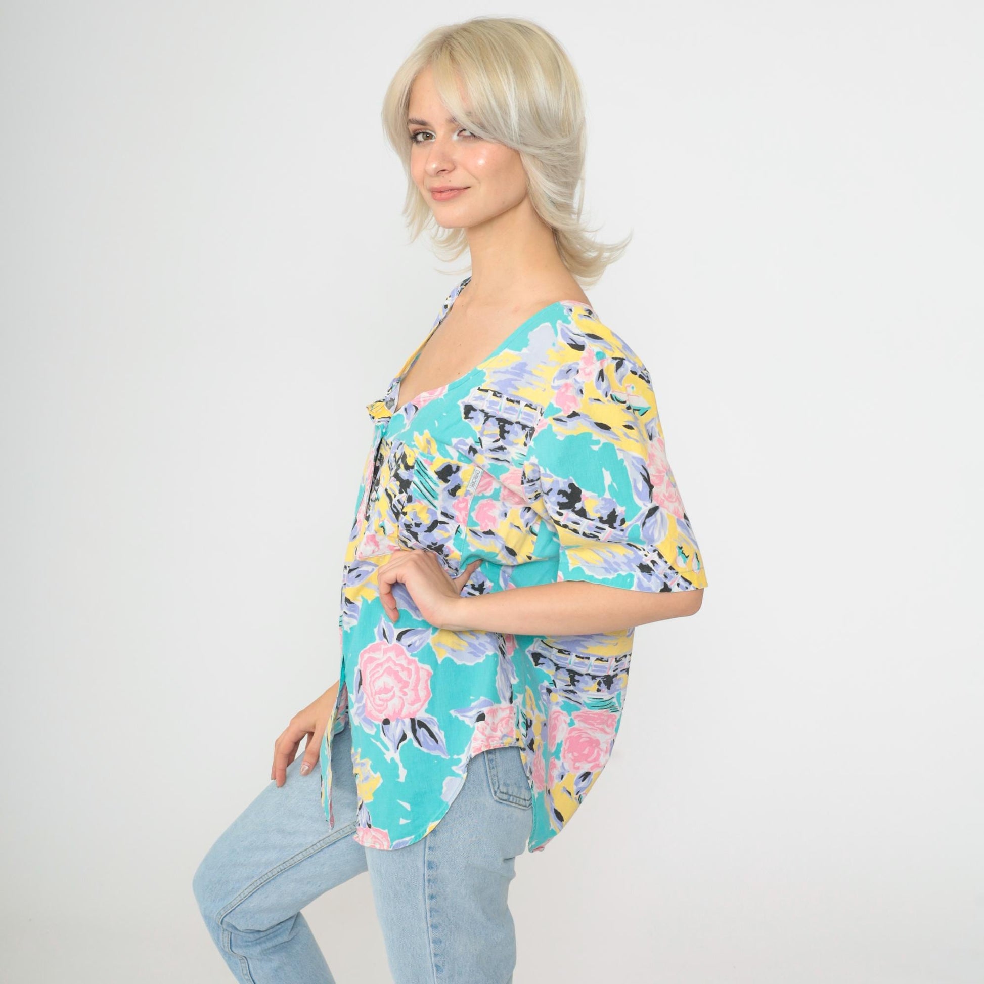 90s Cherokee Turquoise Floral Abstract Button-Up Blouse Short Sleeve Medium