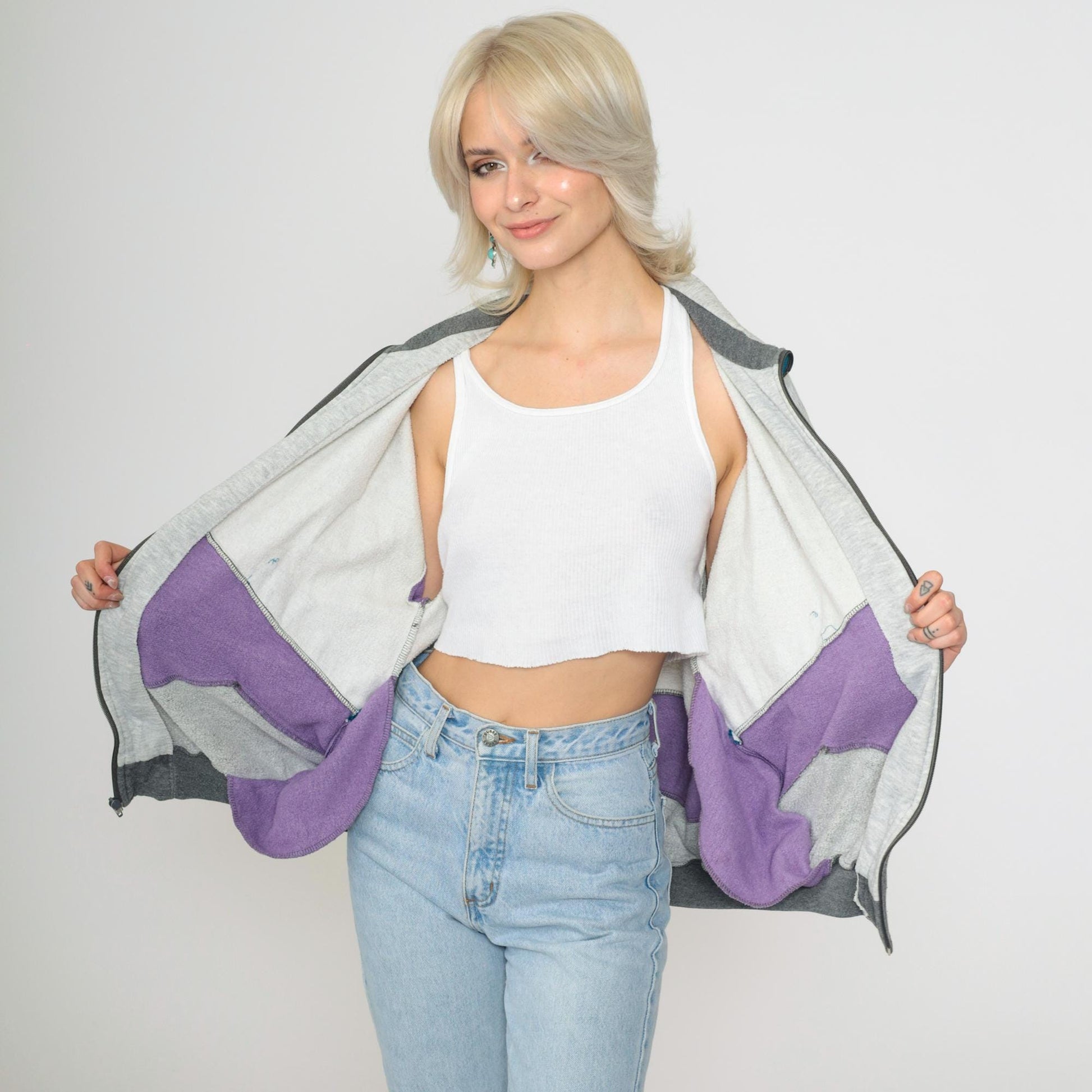 90s Colorblock Zip Sweatshirt Grey Purple Track Jacket Large L
