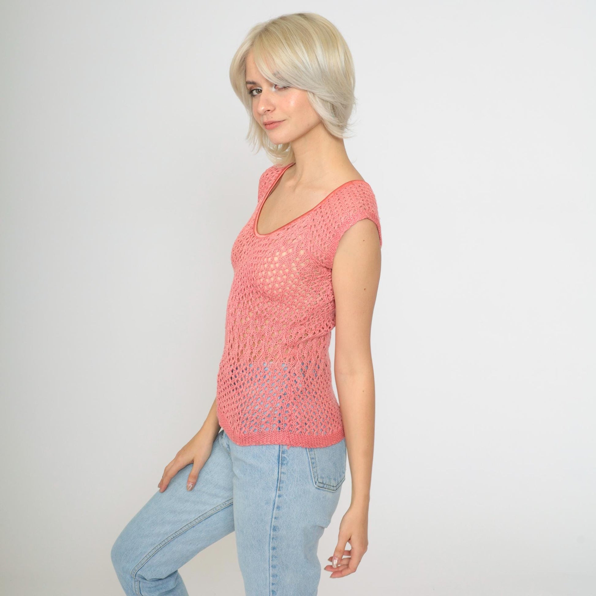 90s Pink Crochet Short Sleeve Top Sheer Knit Blouse Small