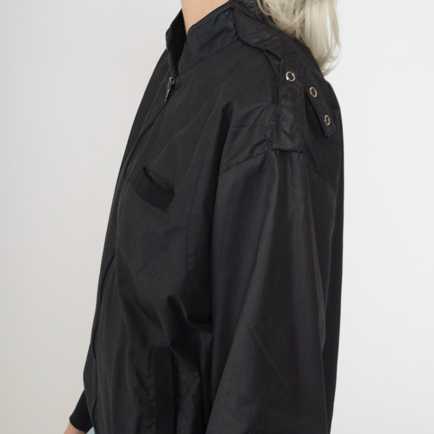 80s Aventura Black Shiny Bomber Jacket Zip Windbreaker Large L