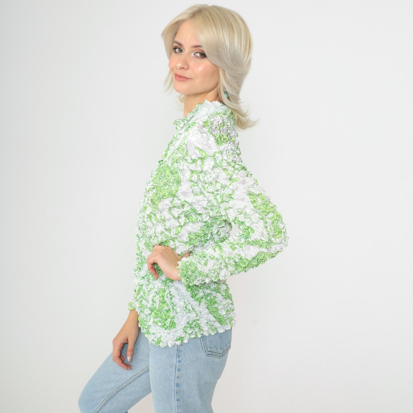 Y2K Tropical Leaf Popcorn Shirt White Green Long Sleeve Button Up Small