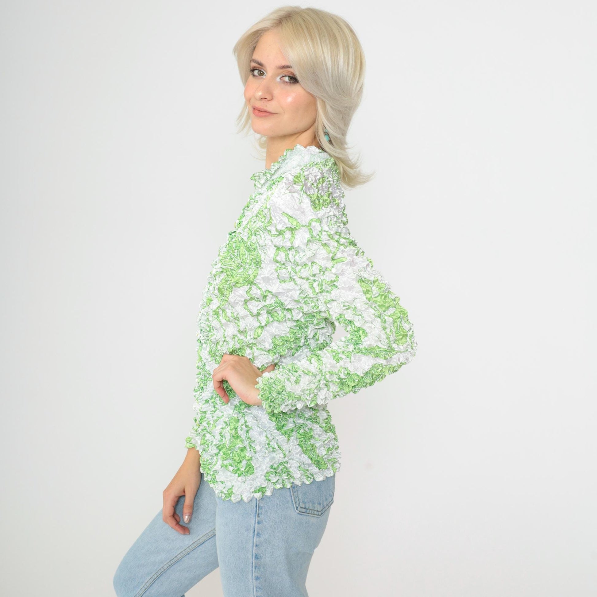 Y2K Tropical Leaf Popcorn Shirt White Green Long Sleeve Button Up Small
