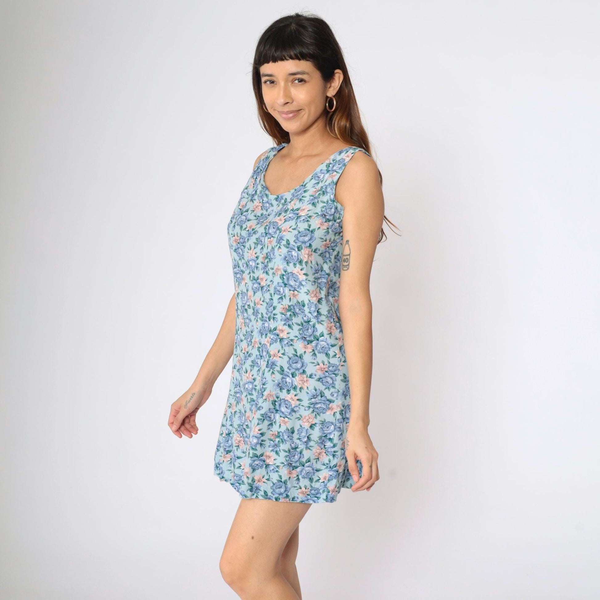 90s Pink Floral Blue Rayon Mini Dress Sleeveless A-Line Medium