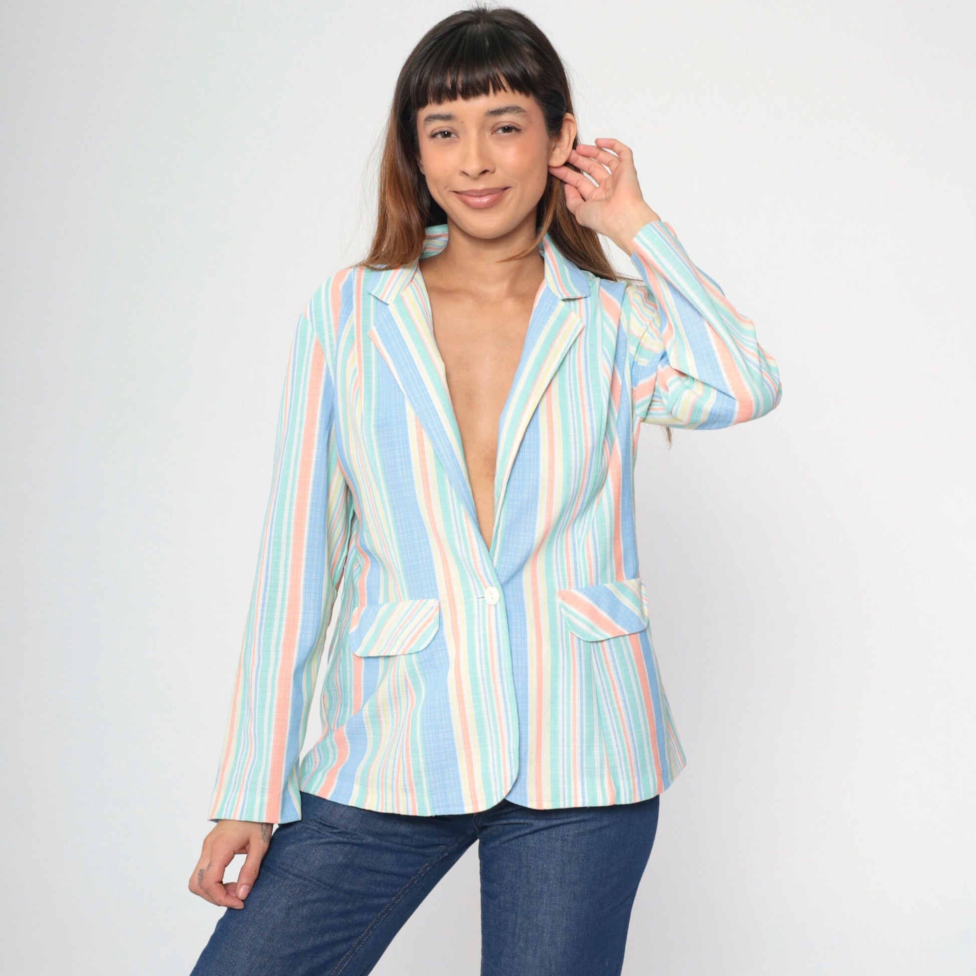 70s Beeline Fashions Pastel Striped Blazer Notched Collar Medium