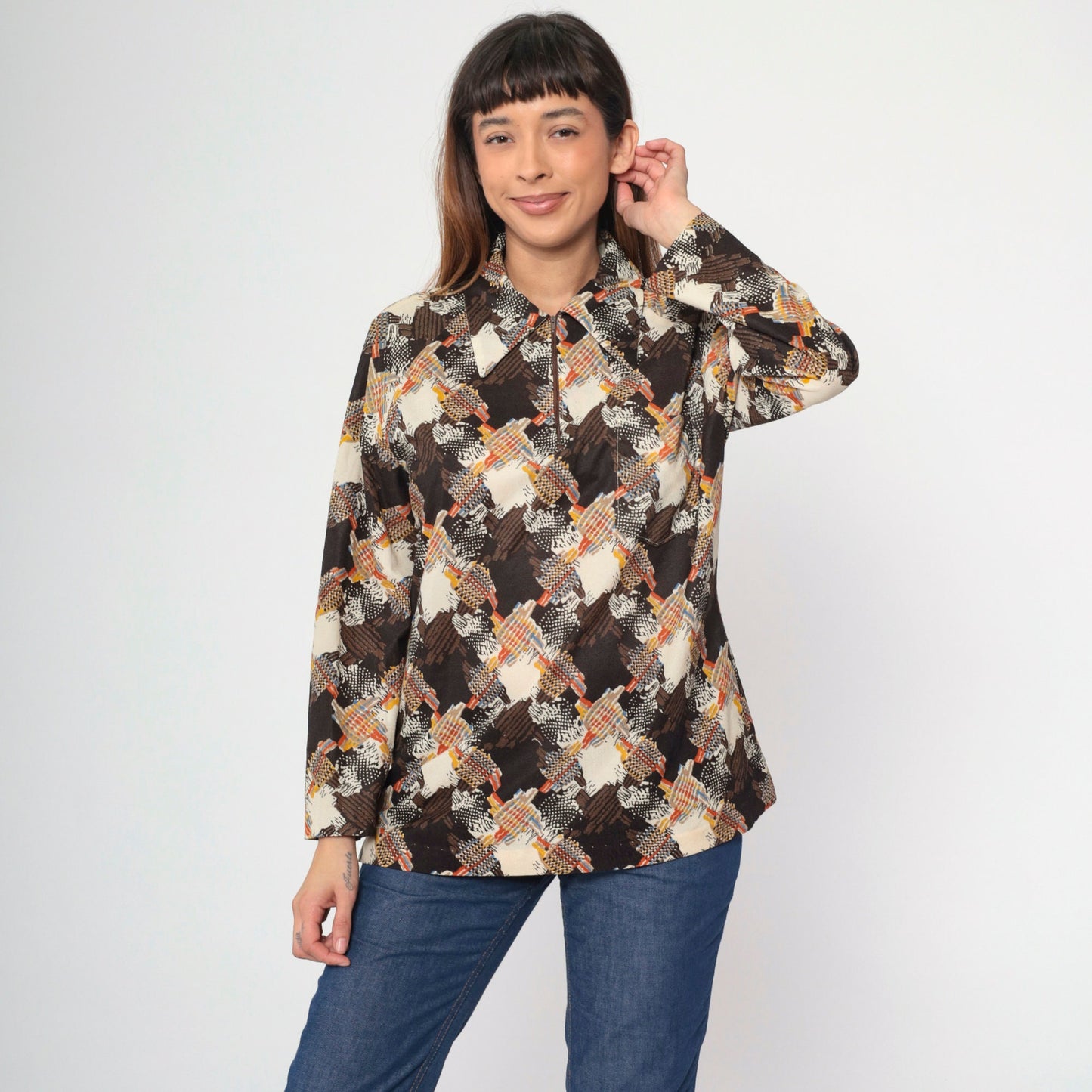 70s Abstract Print Blouse Brown Beige Orange Blue Zip Front Collared Large L