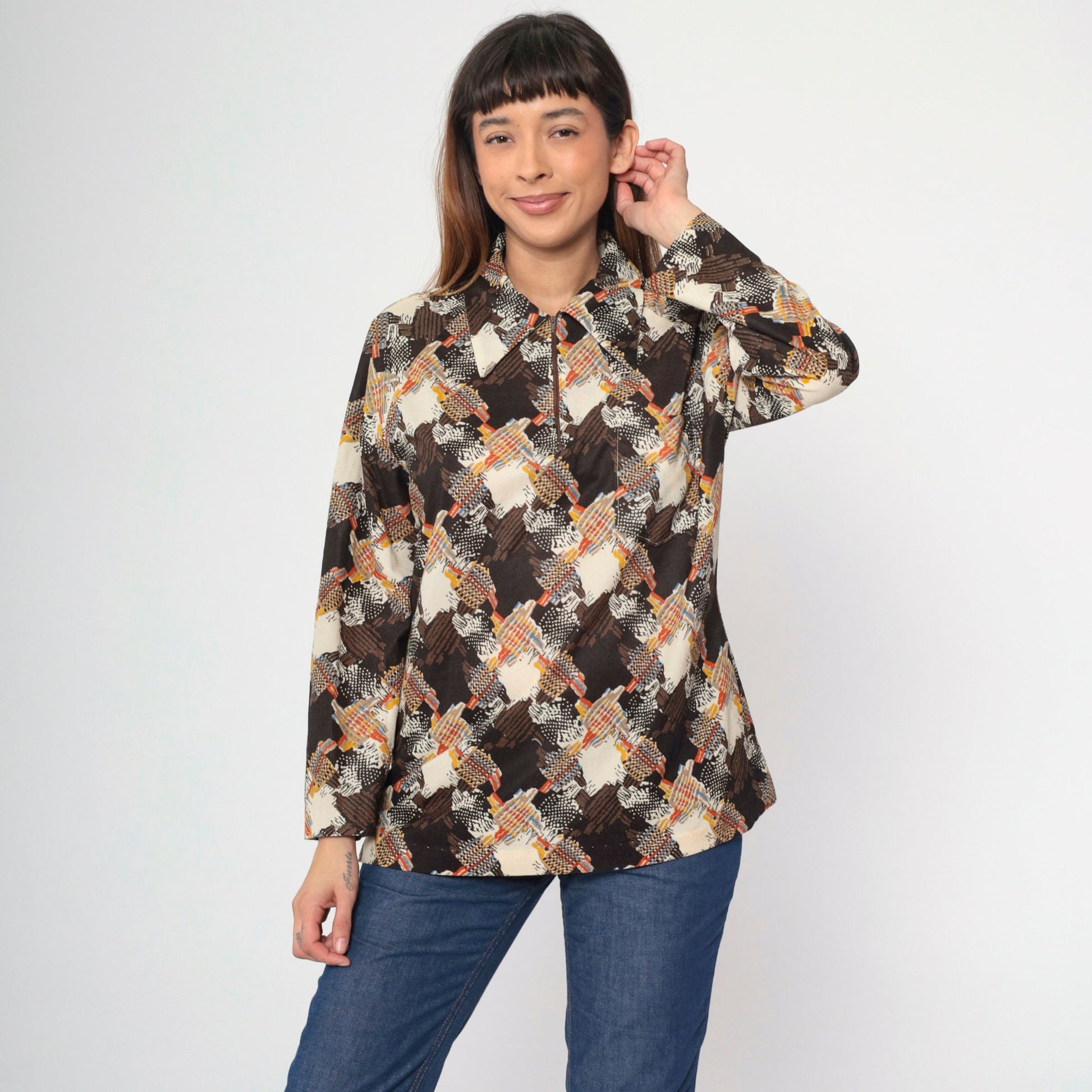 70s Abstract Print Blouse Brown Beige Orange Blue Zip Front Collared Large L