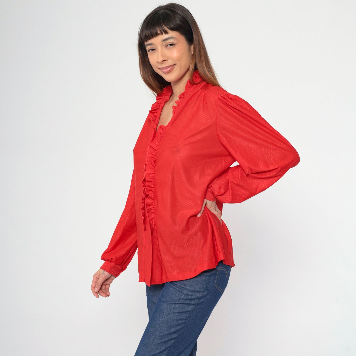 70s Red Puff Sleeve Button-Up Blouse Embossed Dots Ruffled Trim Large