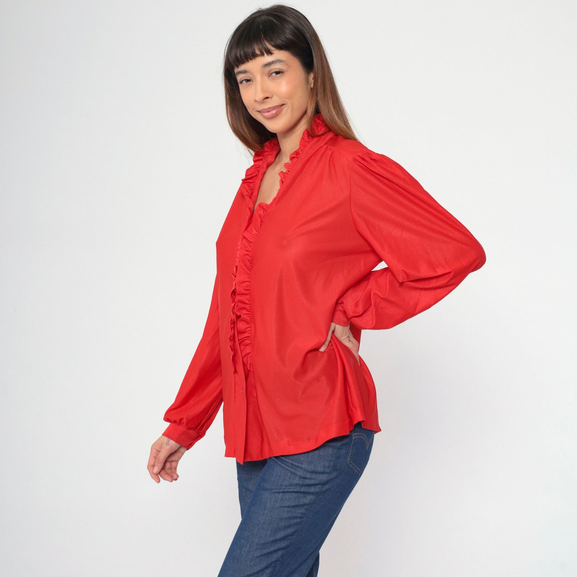 70s Red Puff Sleeve Button-Up Blouse Embossed Dots Ruffled Trim Large