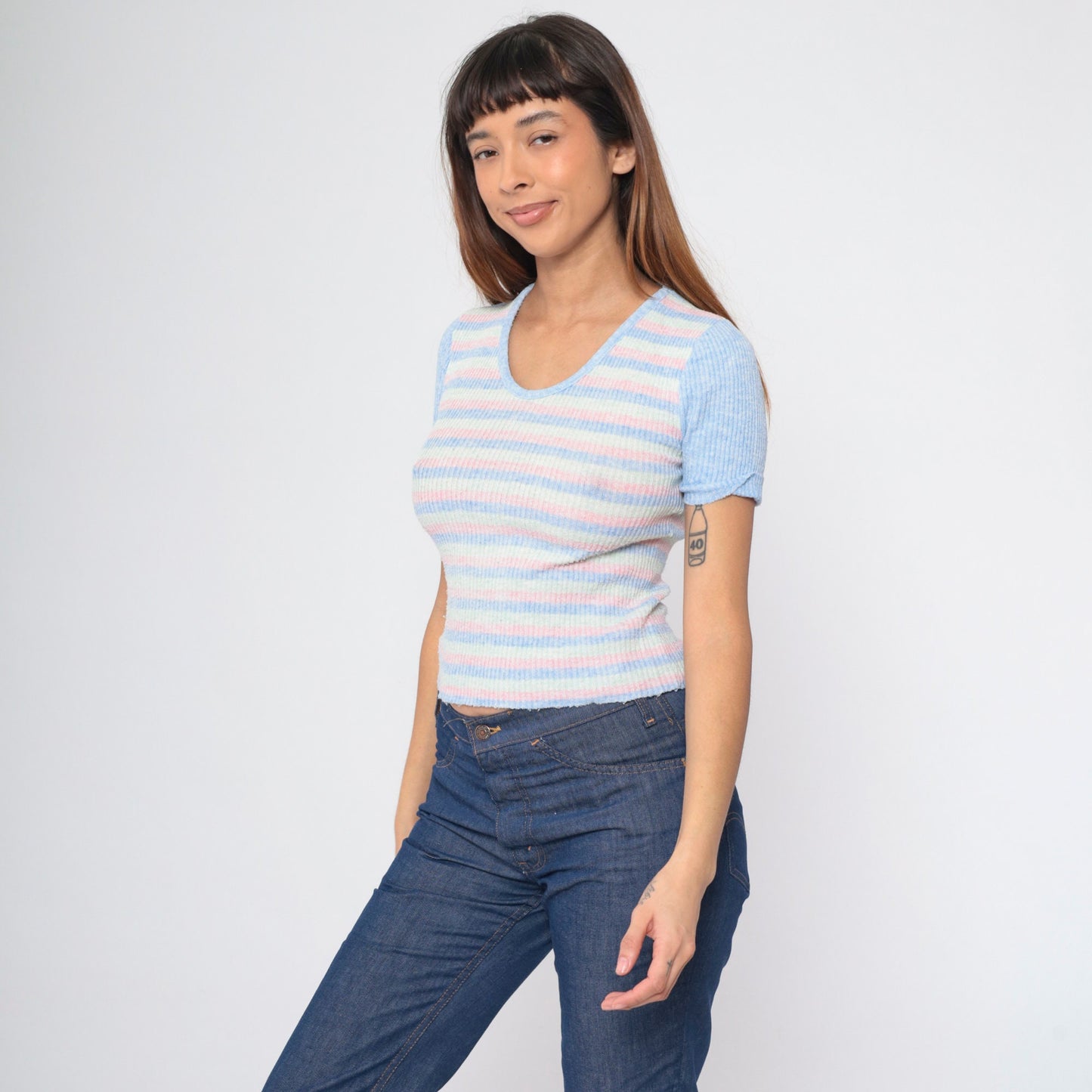 70s Striped Knit Top Pastel Blue Pink Green Ringer Short Sleeve Small