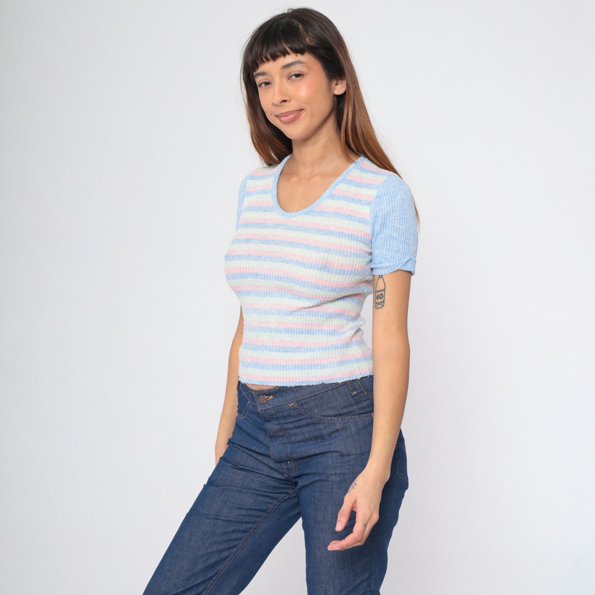 70s Striped Knit Top Pastel Blue Pink Green Ringer Short Sleeve Small