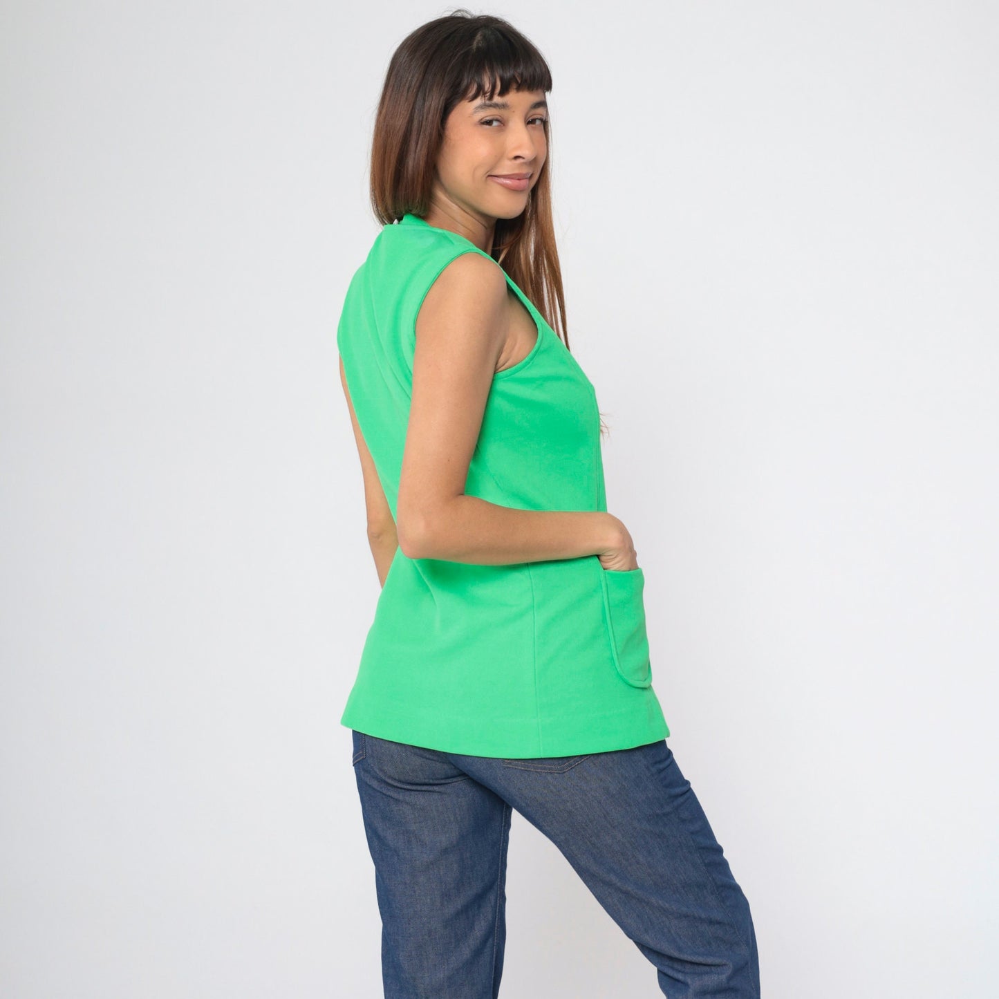 70s Lime Green Button-Up Tank Top Longline Pockets Small
