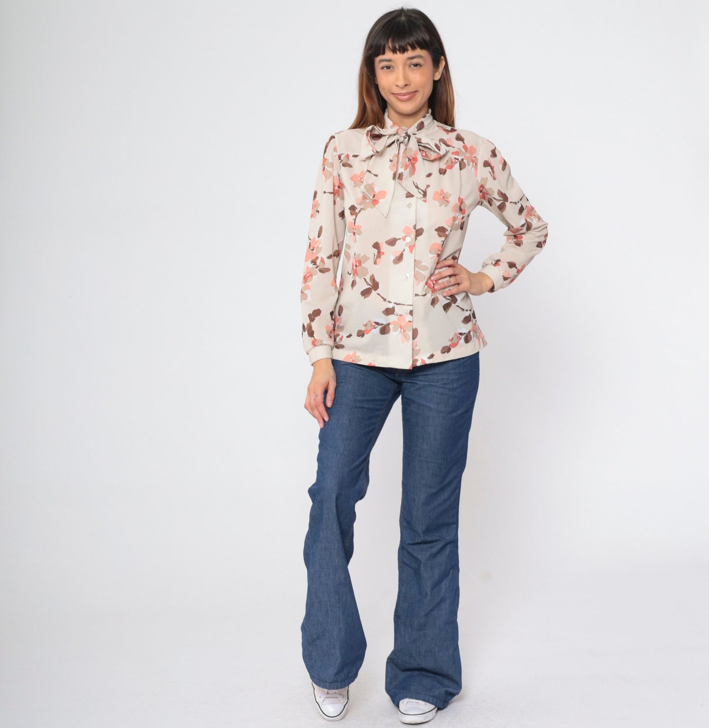 70s Floral Taupe Ascot Blouse Button-Up Long Sleeve Shirt Medium