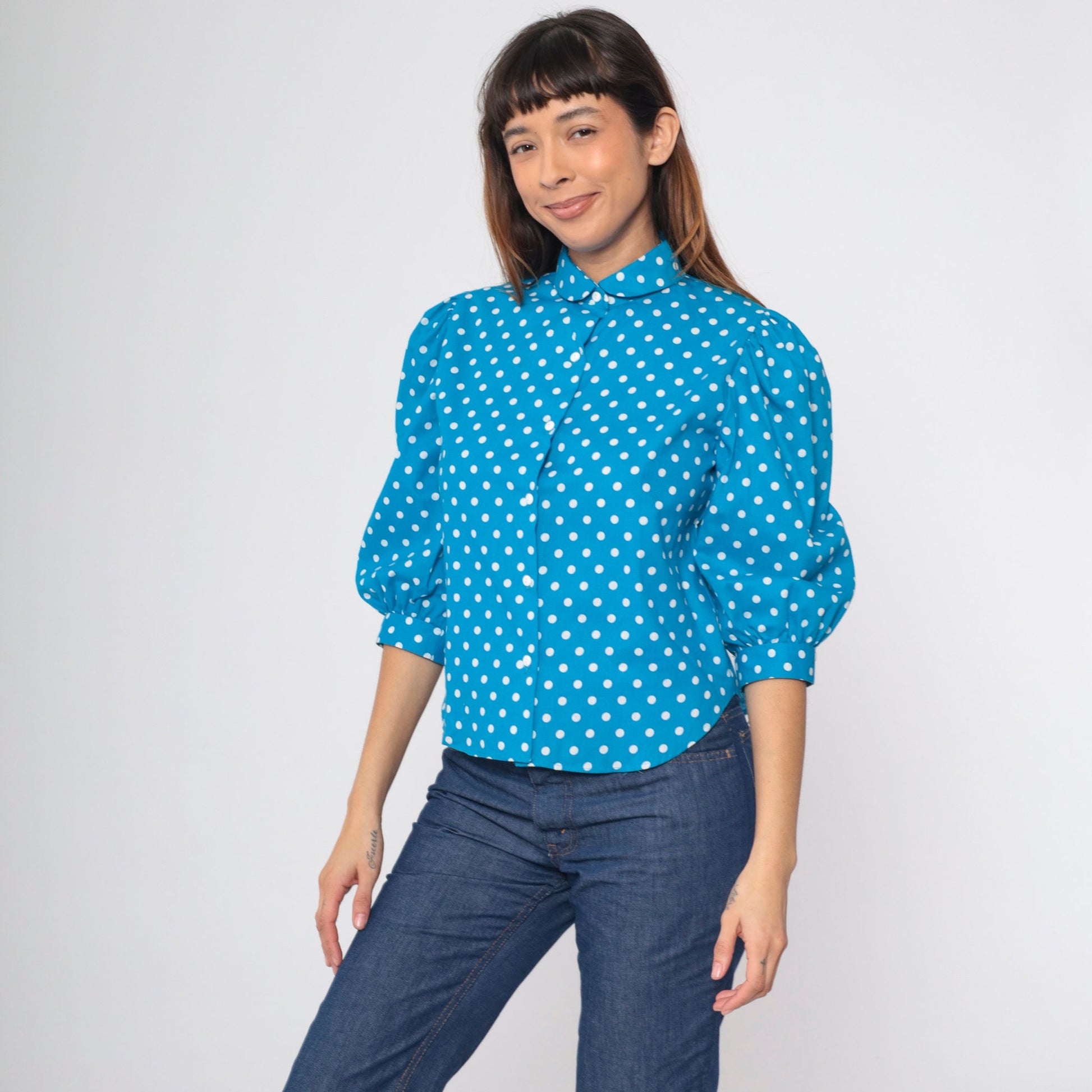 80s Bright Blue Polka Dot Puff Sleeve Button Up Blouse Small S