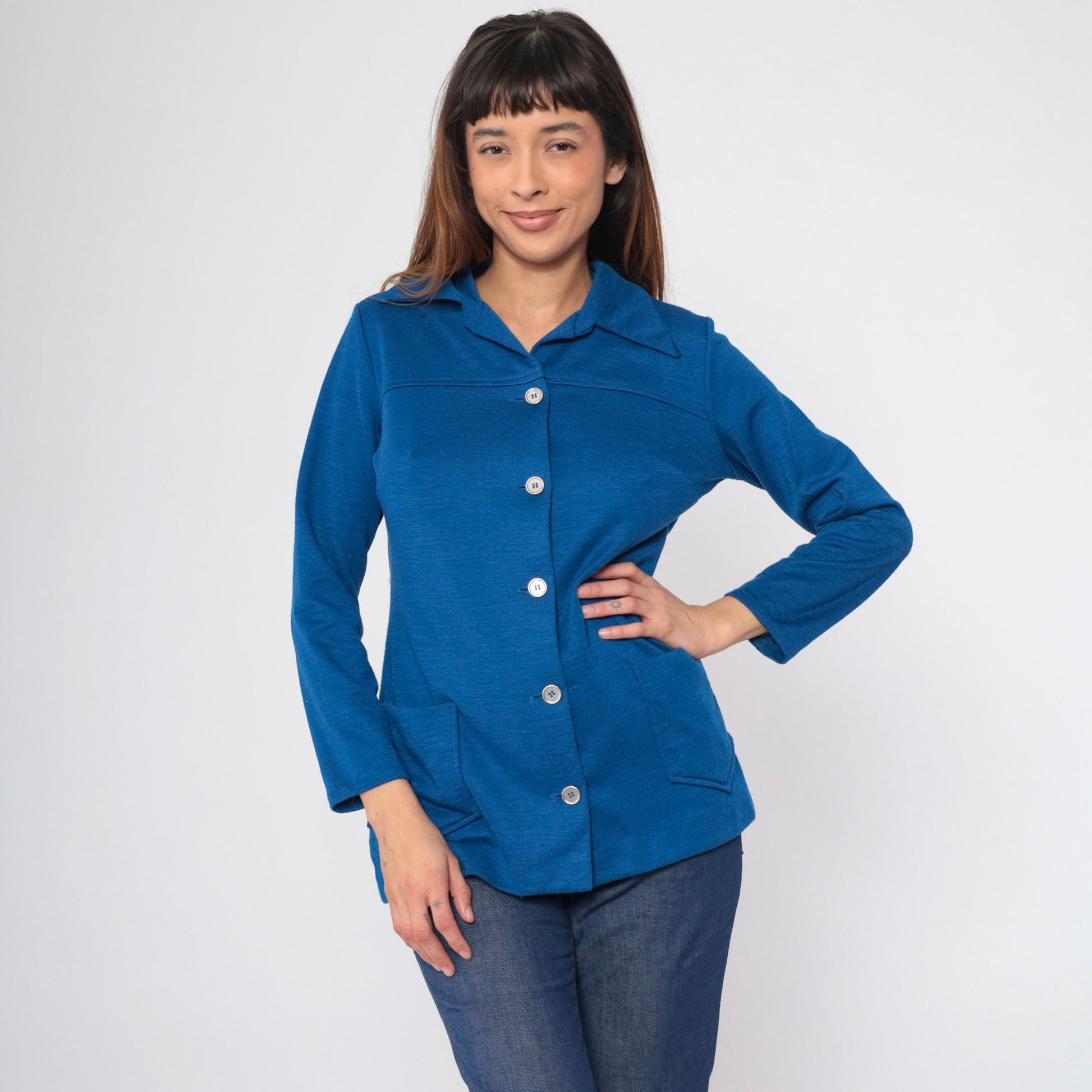 70s Berkshire Wool Blend Button-Up Blouse Dark Blue Pointed Collar Medium