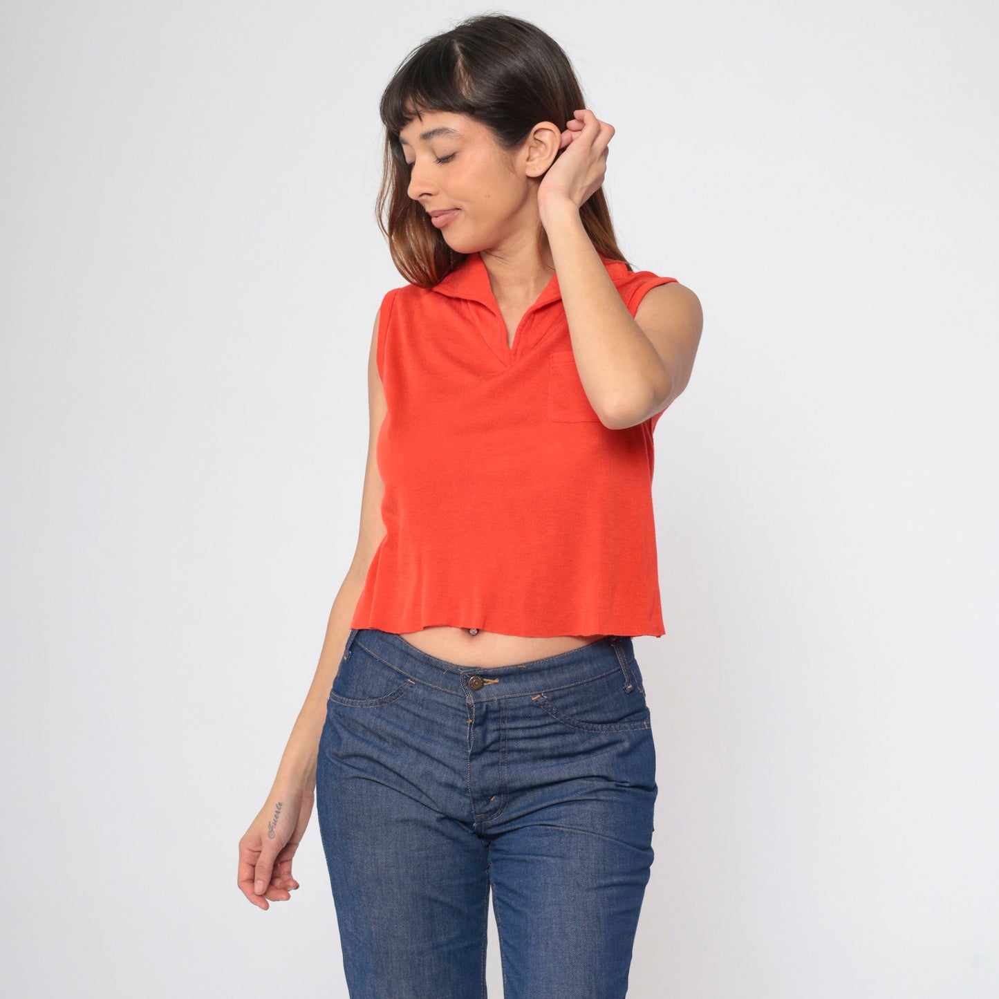 70s Crop Top Bright Red V-Neck Collared Sleeveless Shirt Small