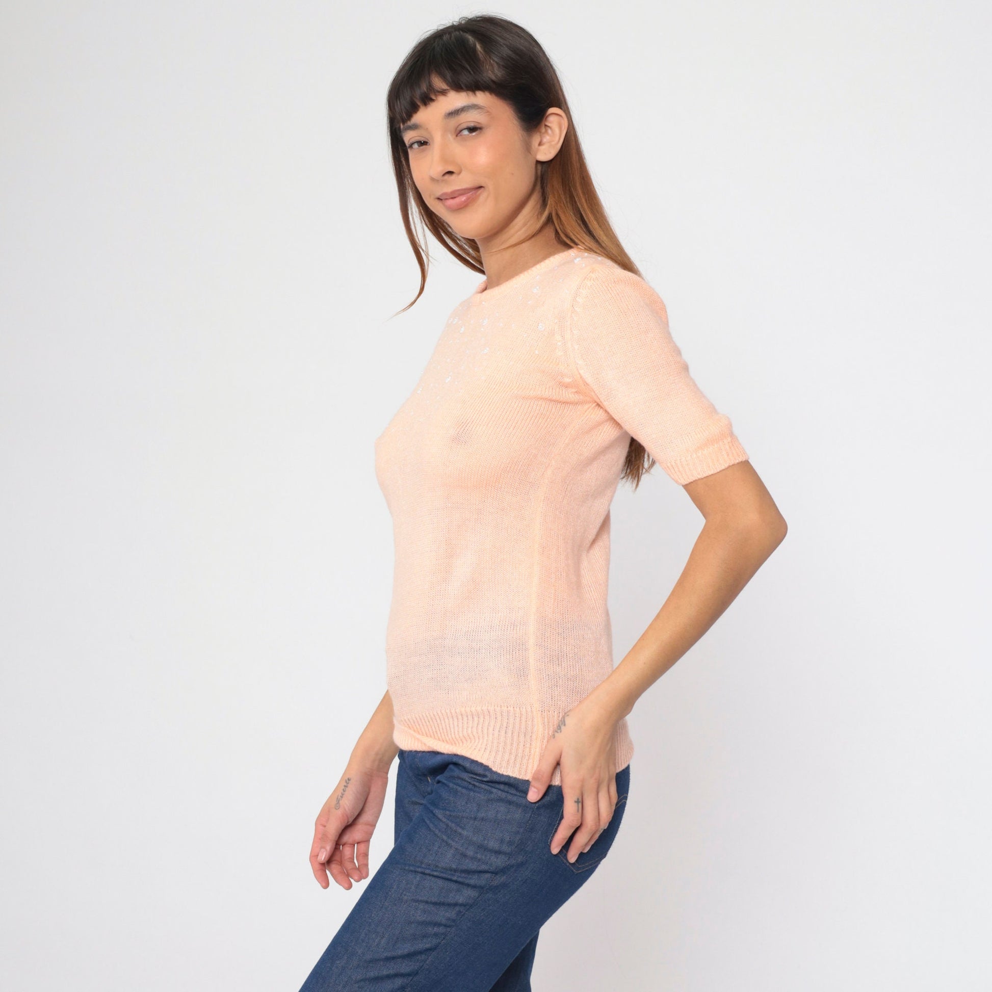 80s Peach Knit Top Beaded Neckline Short Sleeve Blouse Small