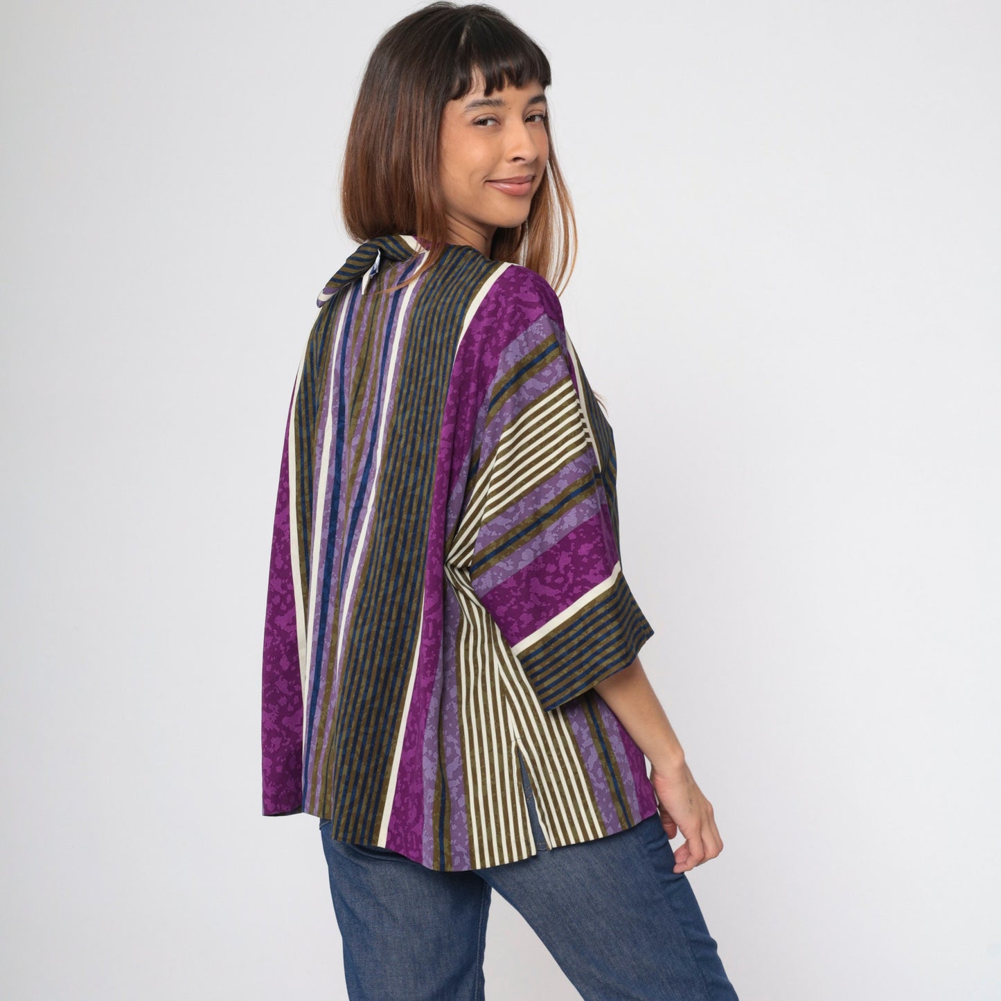 80s Top Notch Striped Tunic Purple Blue Olive 3/4 Sleeve Plus Size XXL