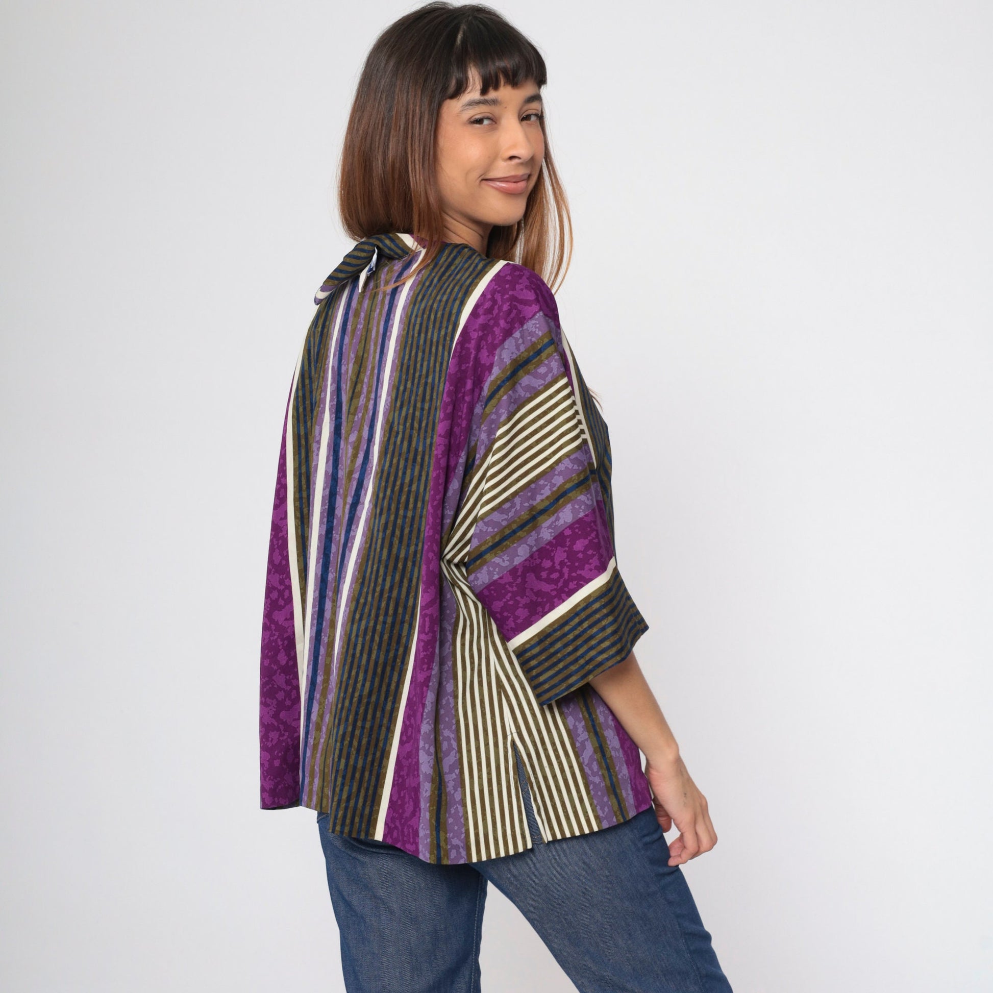 80s Top Notch Striped Tunic Purple Blue Olive 3/4 Sleeve Plus Size XXL