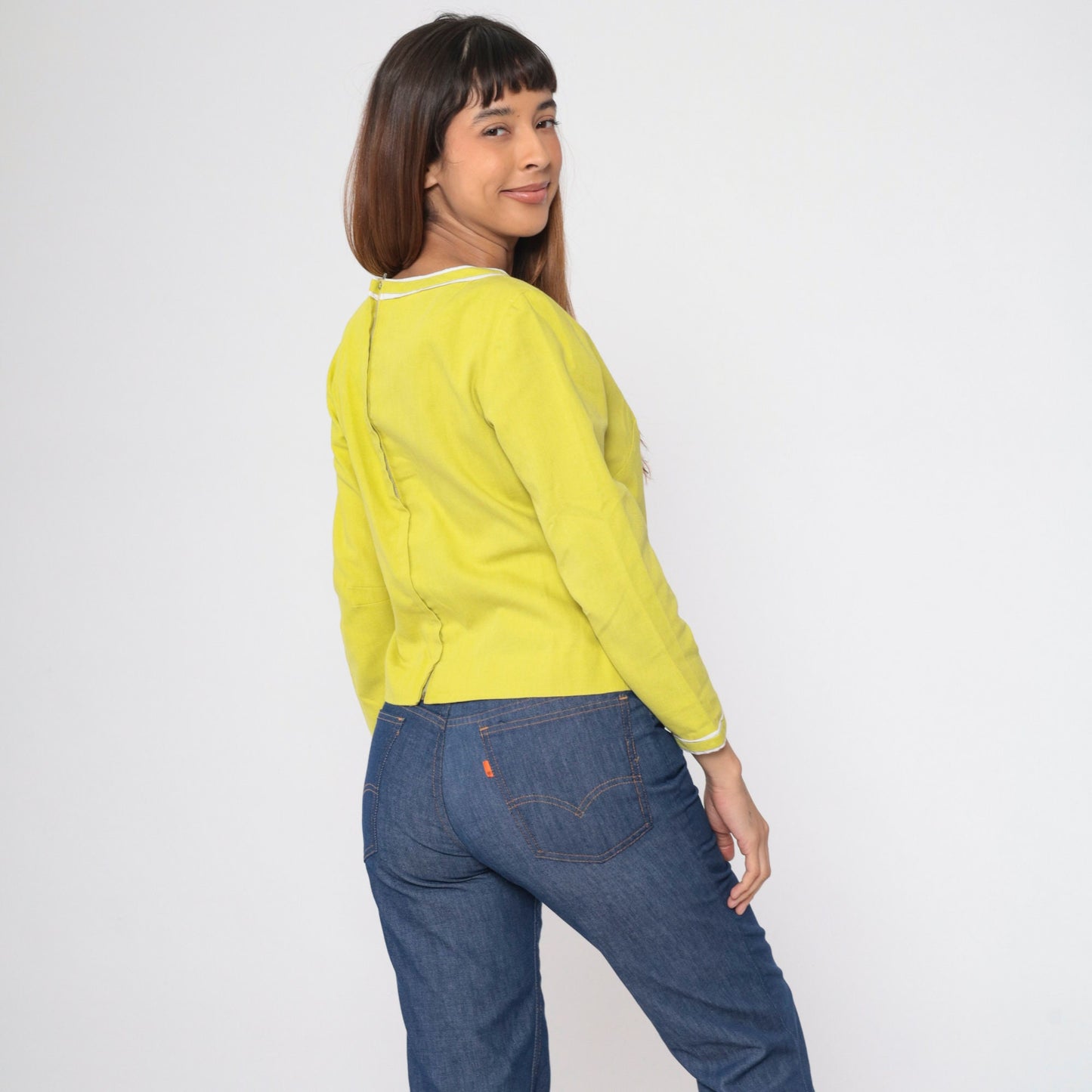 60s Young Edwardian Chartreuse Blouse Long Sleeve V-Neck Zipper Back Medium