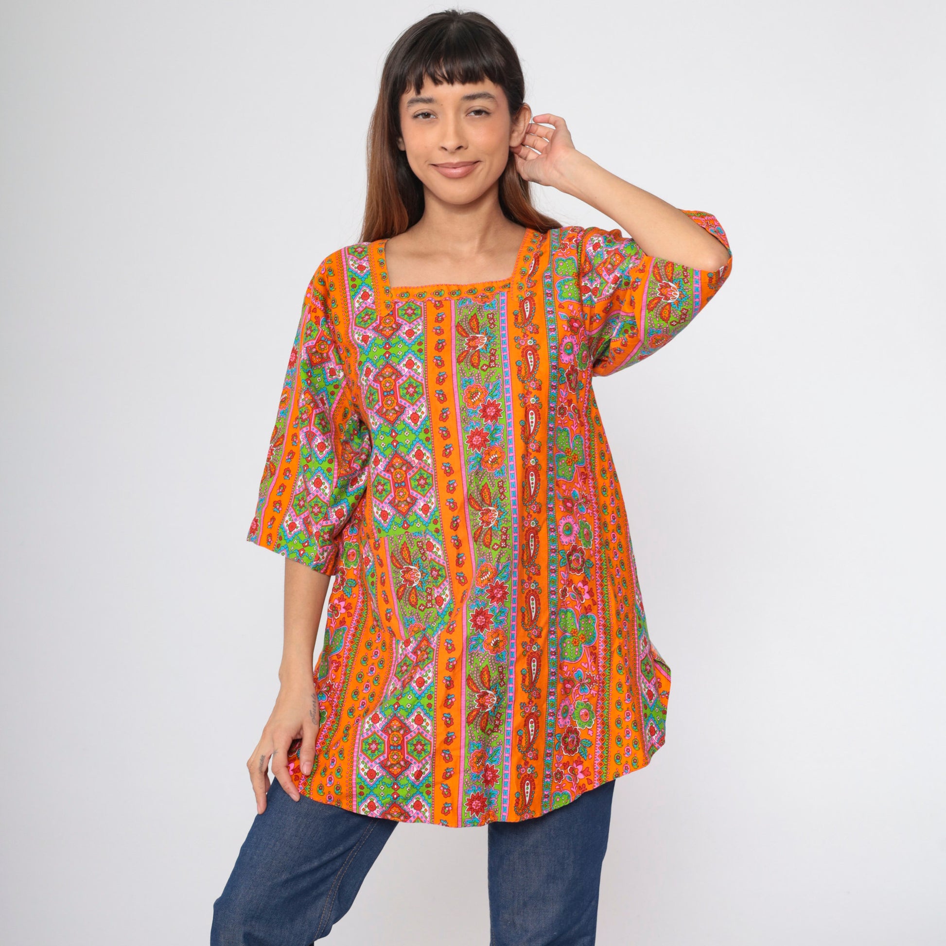 70s Floral Paisley Orange Apron Top Tie Back Tunic Small