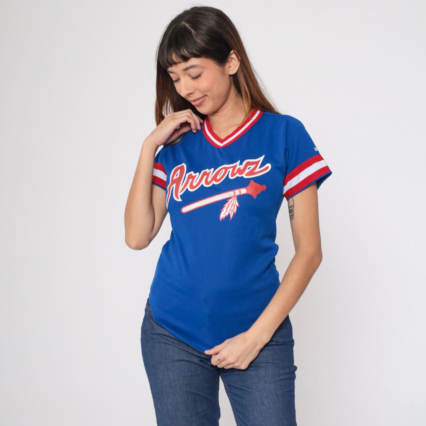 80s Wilson Arrows Baseball Jersey #24 Blue Red White Striped Ringer Youth Medium