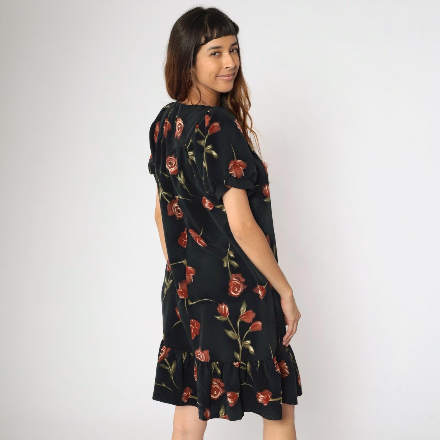 90s Black Floral Mini Dress Puff Sleeve A-Line Red Rose Print Medium