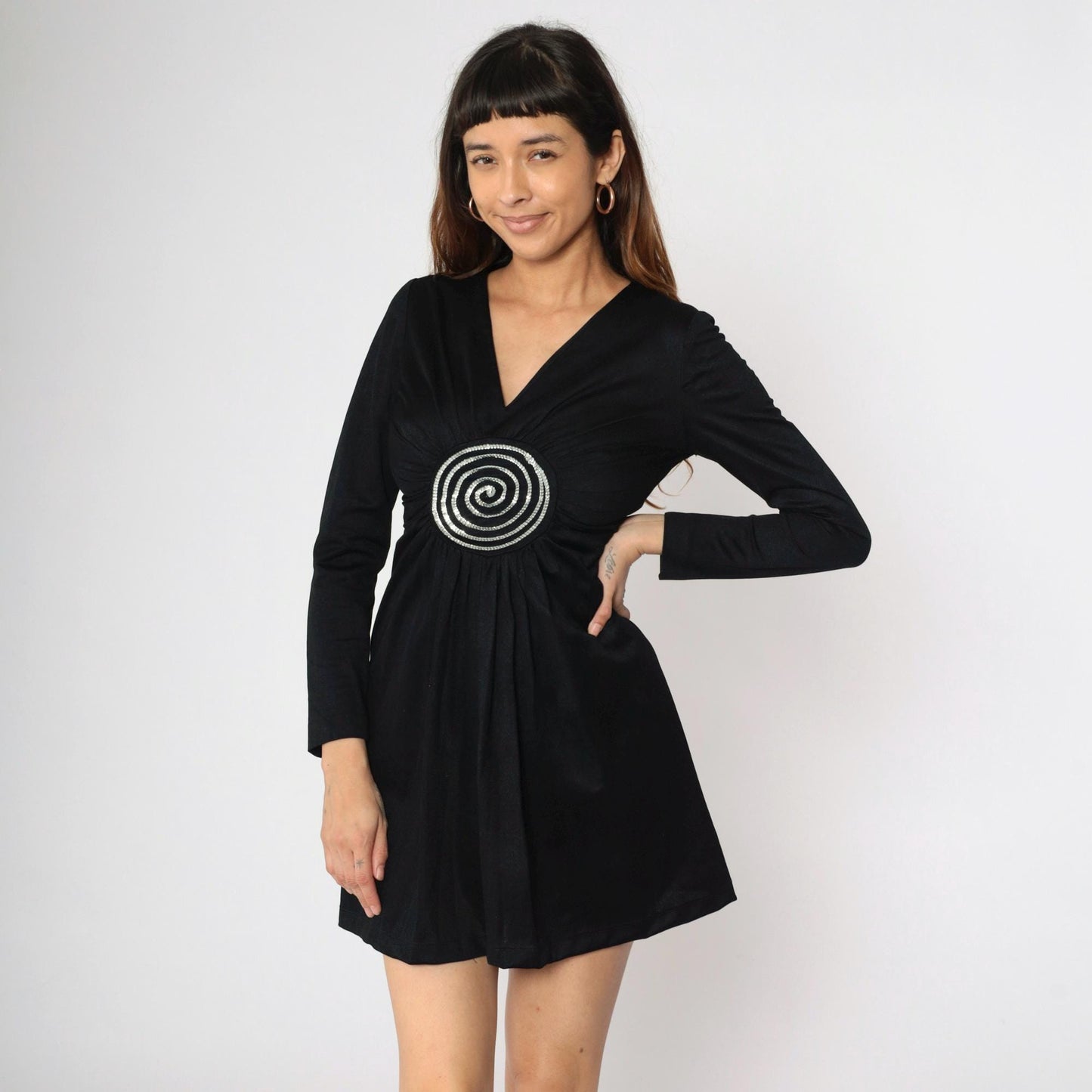70s Black Sequin Babydoll Mini Dress Empire Waist V Neck Long Sleeve Small