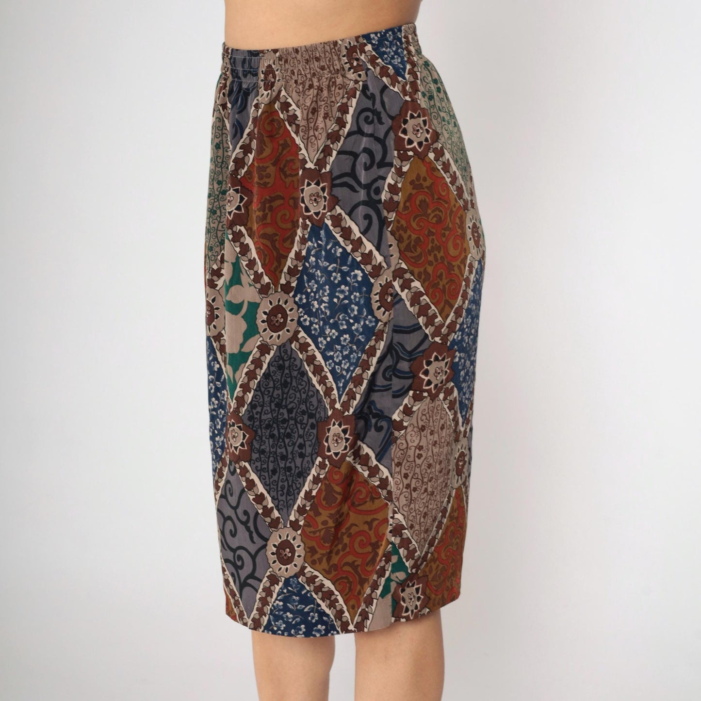 90s Patchwork Floral Midi Skirt High Waist Pencil Cut Red Grey Blue Medium