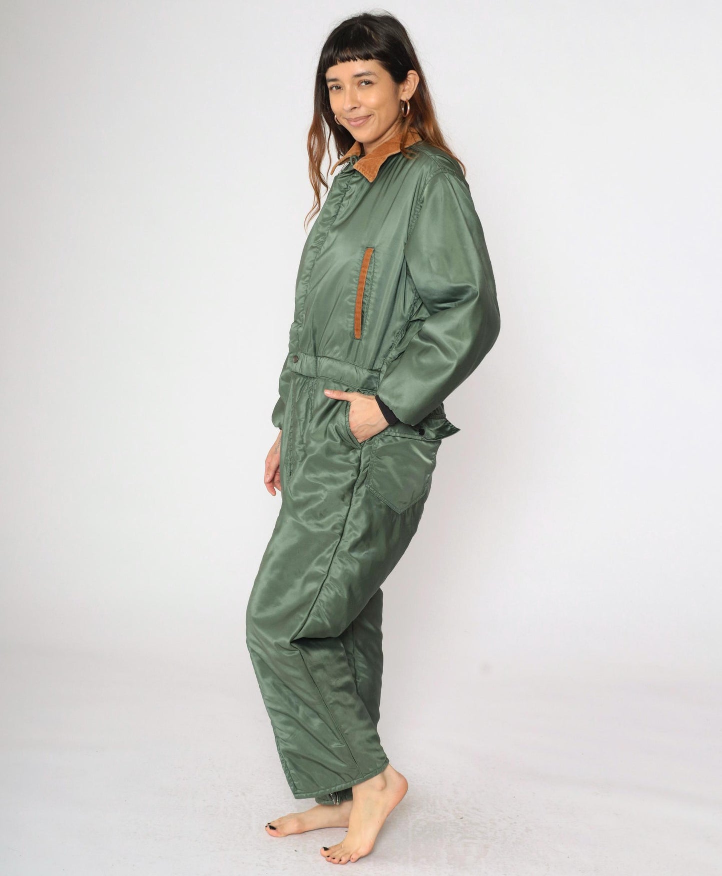 80s Green Nylon Ski Suit Brown Corduroy Collar Quilted Snowsuit Medium