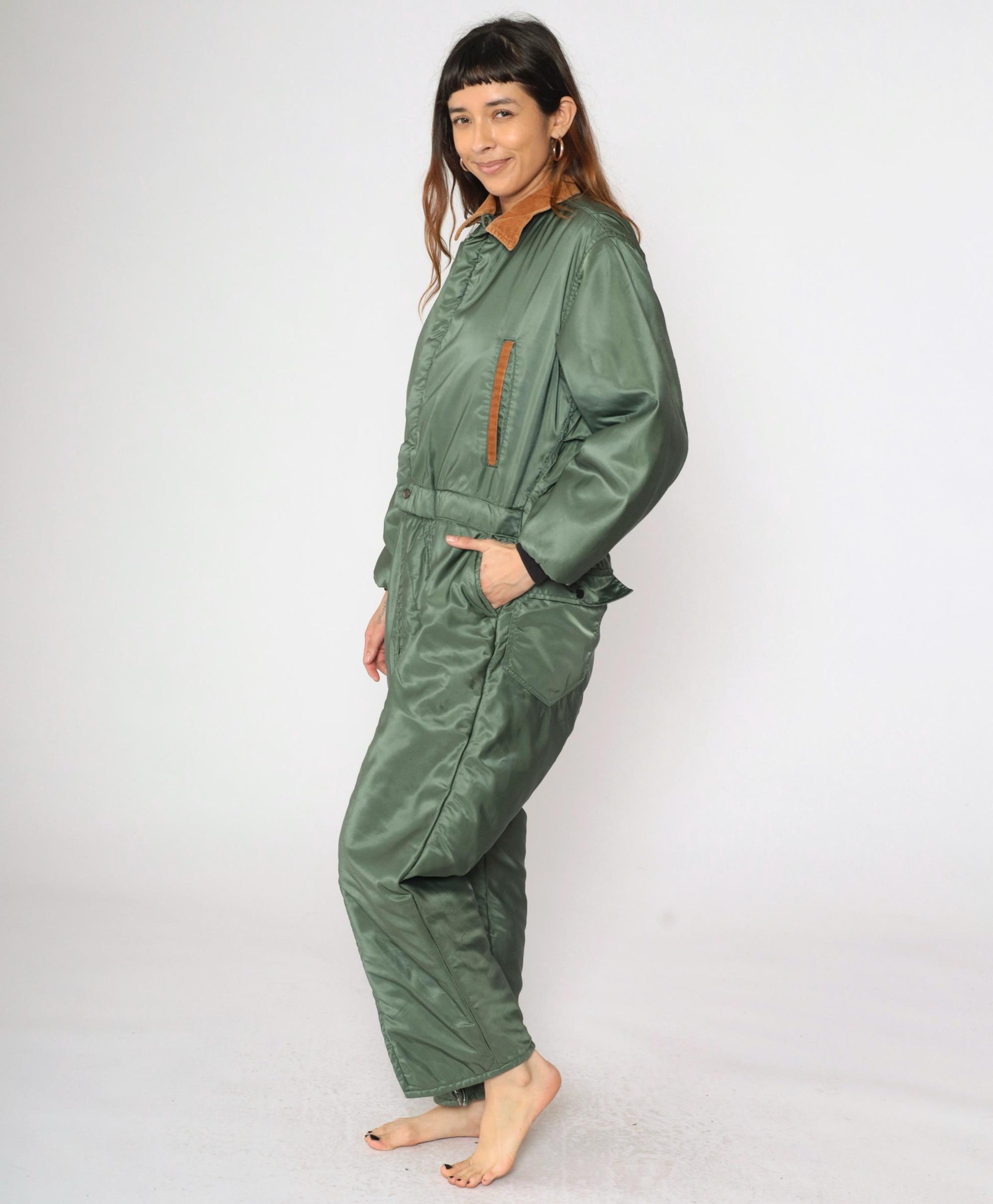 80s Green Nylon Ski Suit Brown Corduroy Collar Quilted Snowsuit Medium