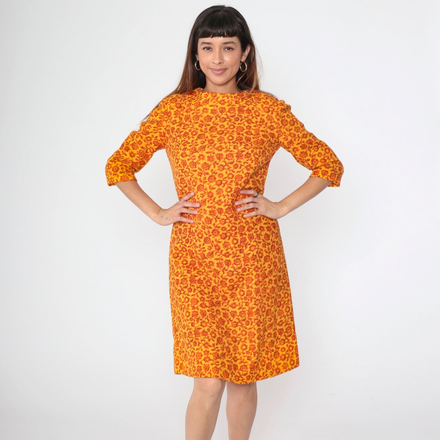 60s Floral Wool Shift Dress Yellow Orange Mod 3/4 Sleeve Small