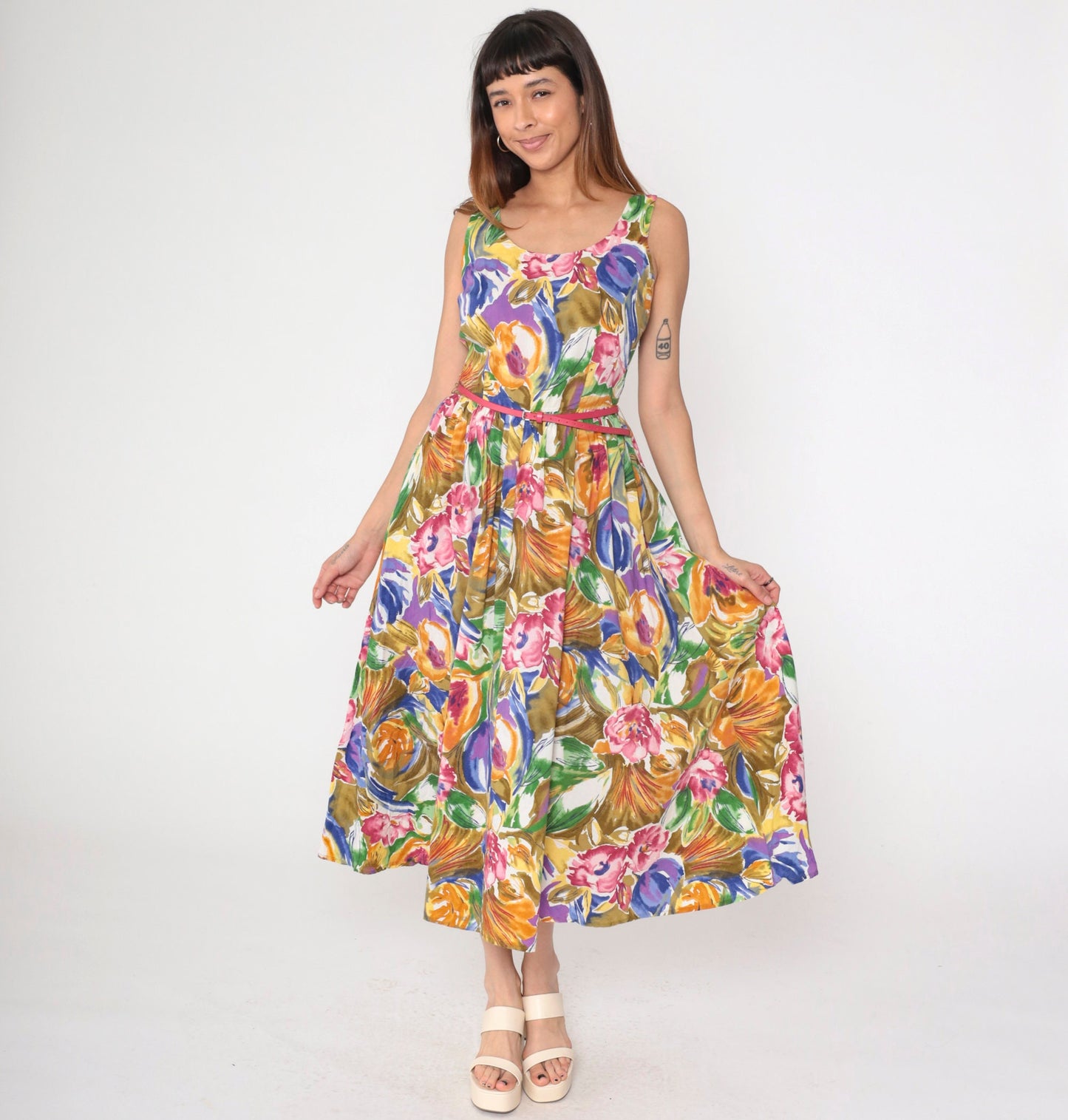 90s Banana Republic Floral Midi Dress Multicolor Sleeveless High Waist Small 6