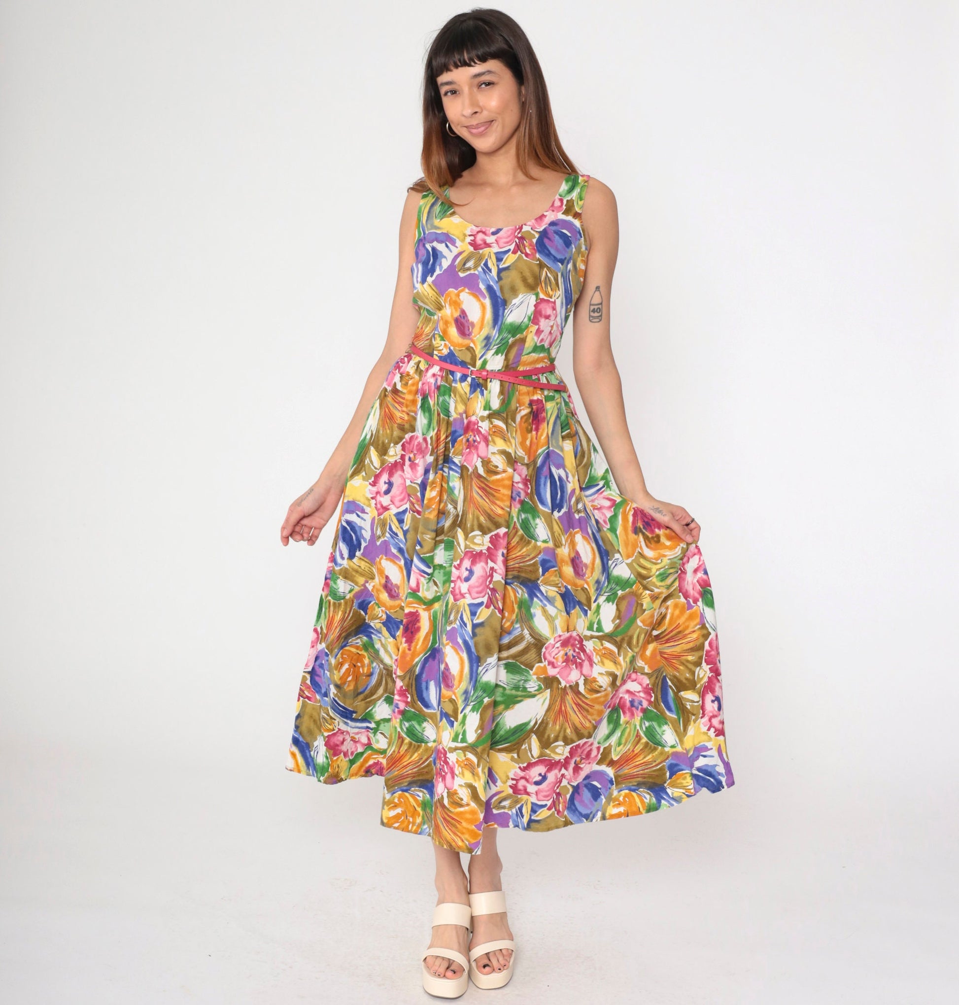 90s Banana Republic Floral Midi Dress Multicolor Sleeveless High Waist Small 6