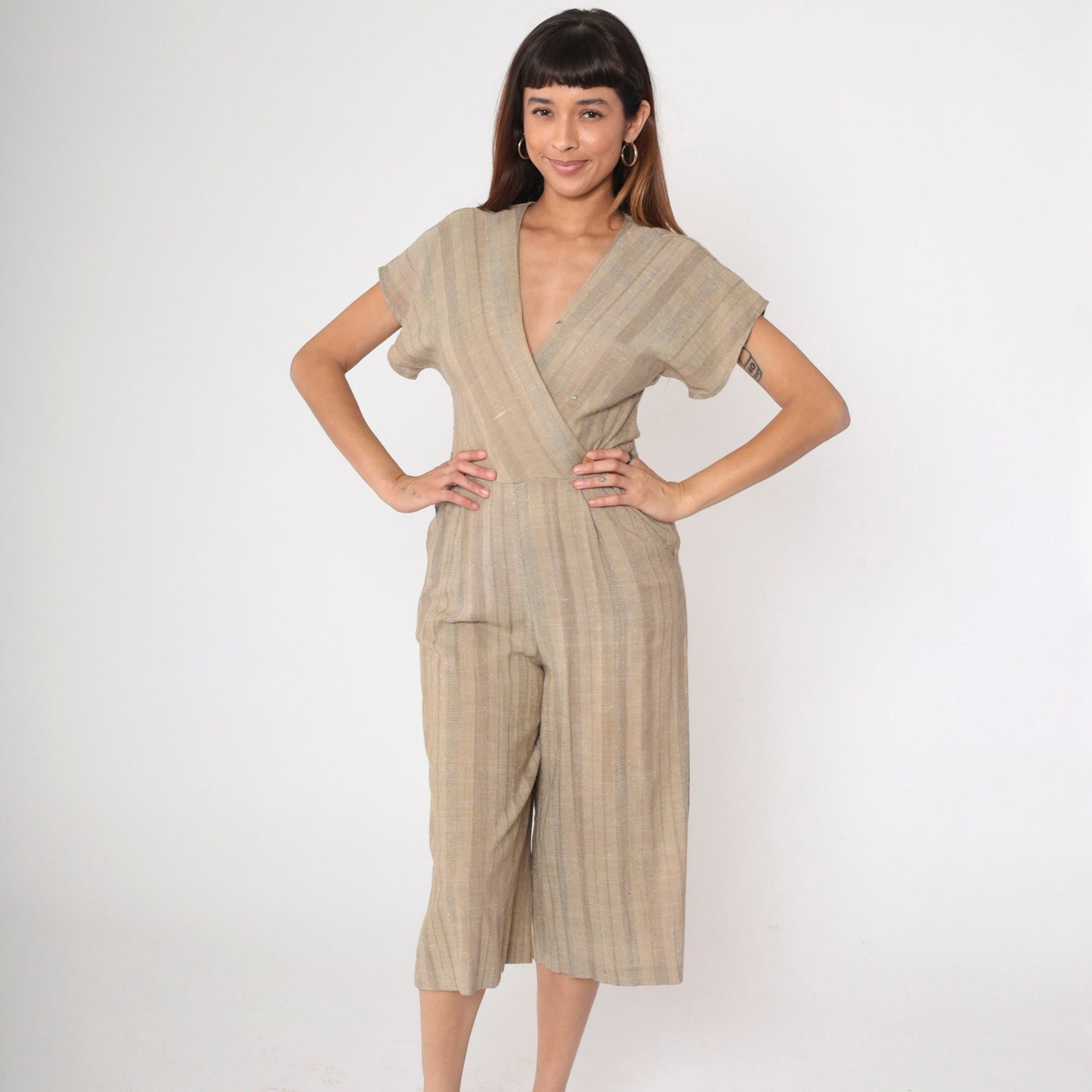 80s Pantasia Taupe Striped Wrap Jumpsuit Wide Leg V-Neck Small